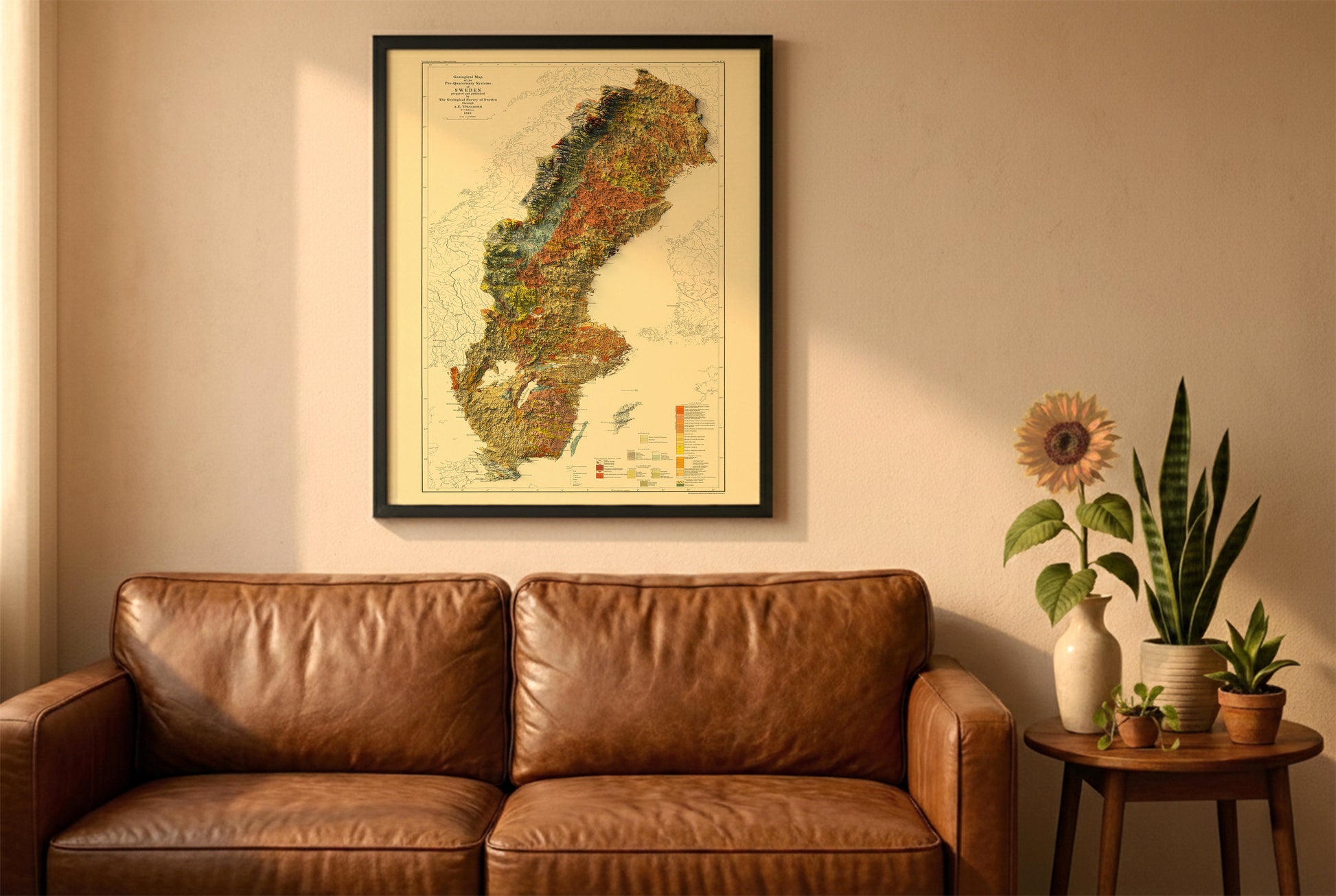 Sweden vintage relief map in a black frame above a brown leather sofa. Boho living room with warm sunlight, sunflower, and indoor plants on a wooden side table