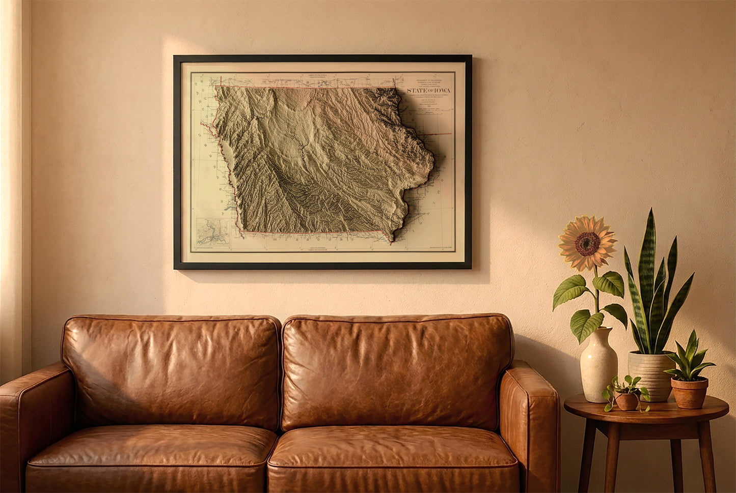 Iowa vintage relief map in a black frame above a brown leather sofa. Boho living room with warm sunlight, sunflower, and indoor plants on a wooden side table