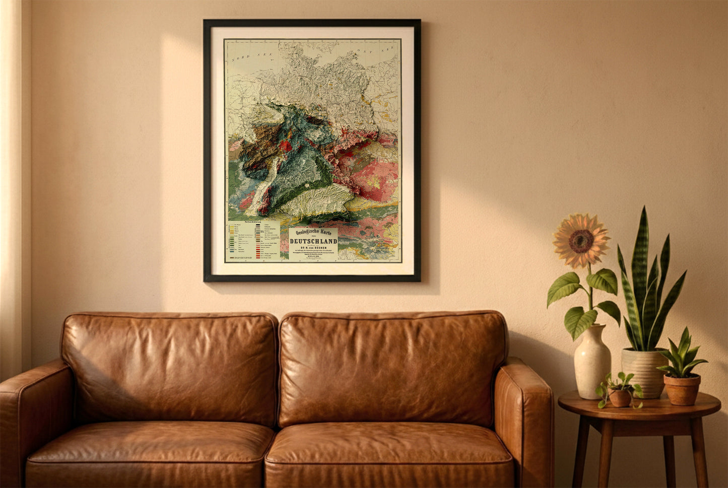 Germany vintage relief map in a black frame above a brown leather sofa. Boho living room with warm sunlight, sunflower, and indoor plants on a wooden side table