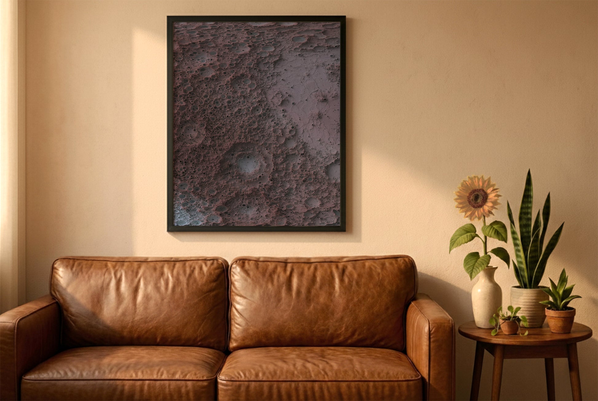 Moon relief map in a black frame above a brown leather sofa. Boho living room with warm sunlight, sunflower, and indoor plants on a wooden side table