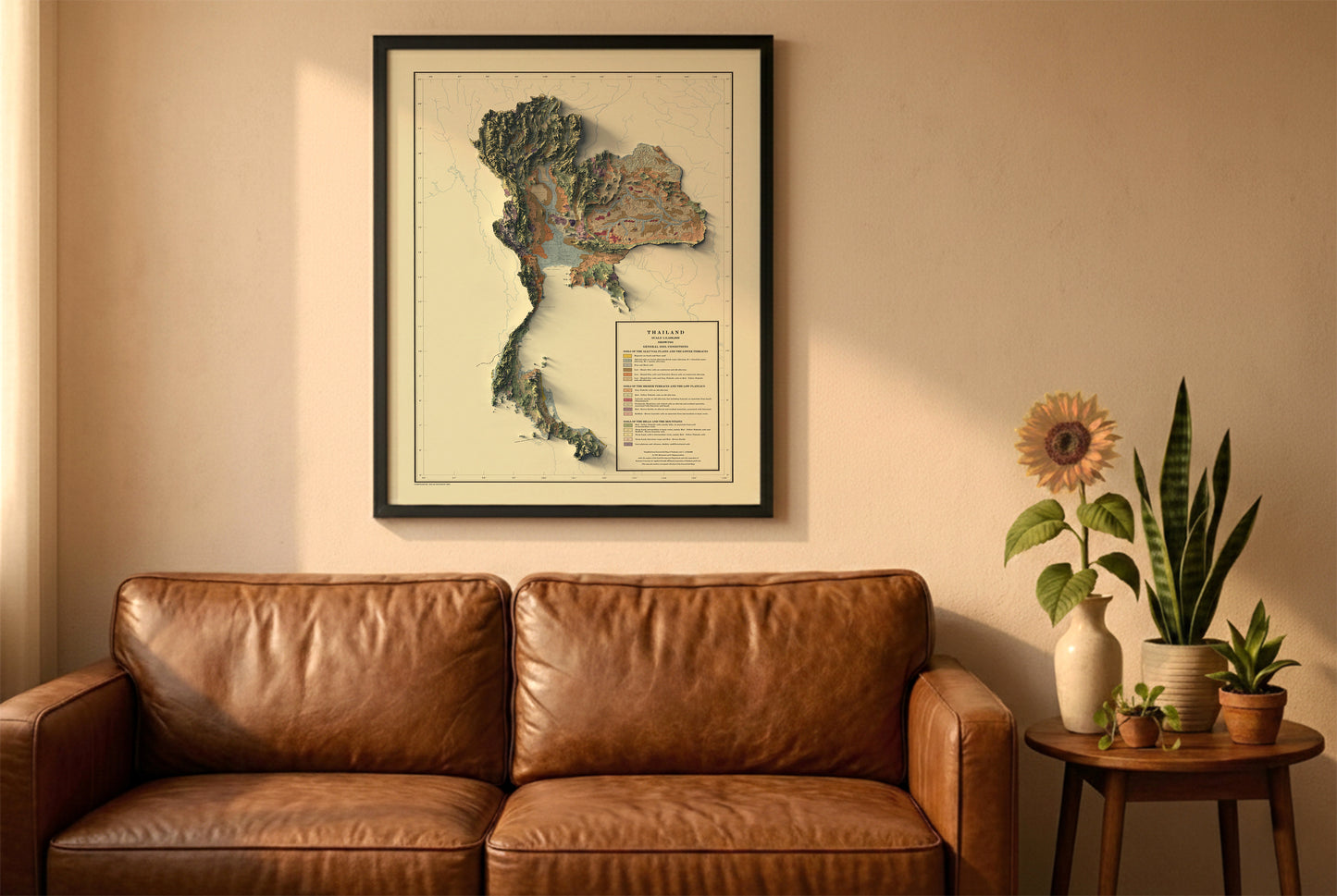 Thailand vintage relief map in a black frame above a brown leather sofa. Boho living room with warm sunlight, sunflower, and indoor plants on a wooden side table
