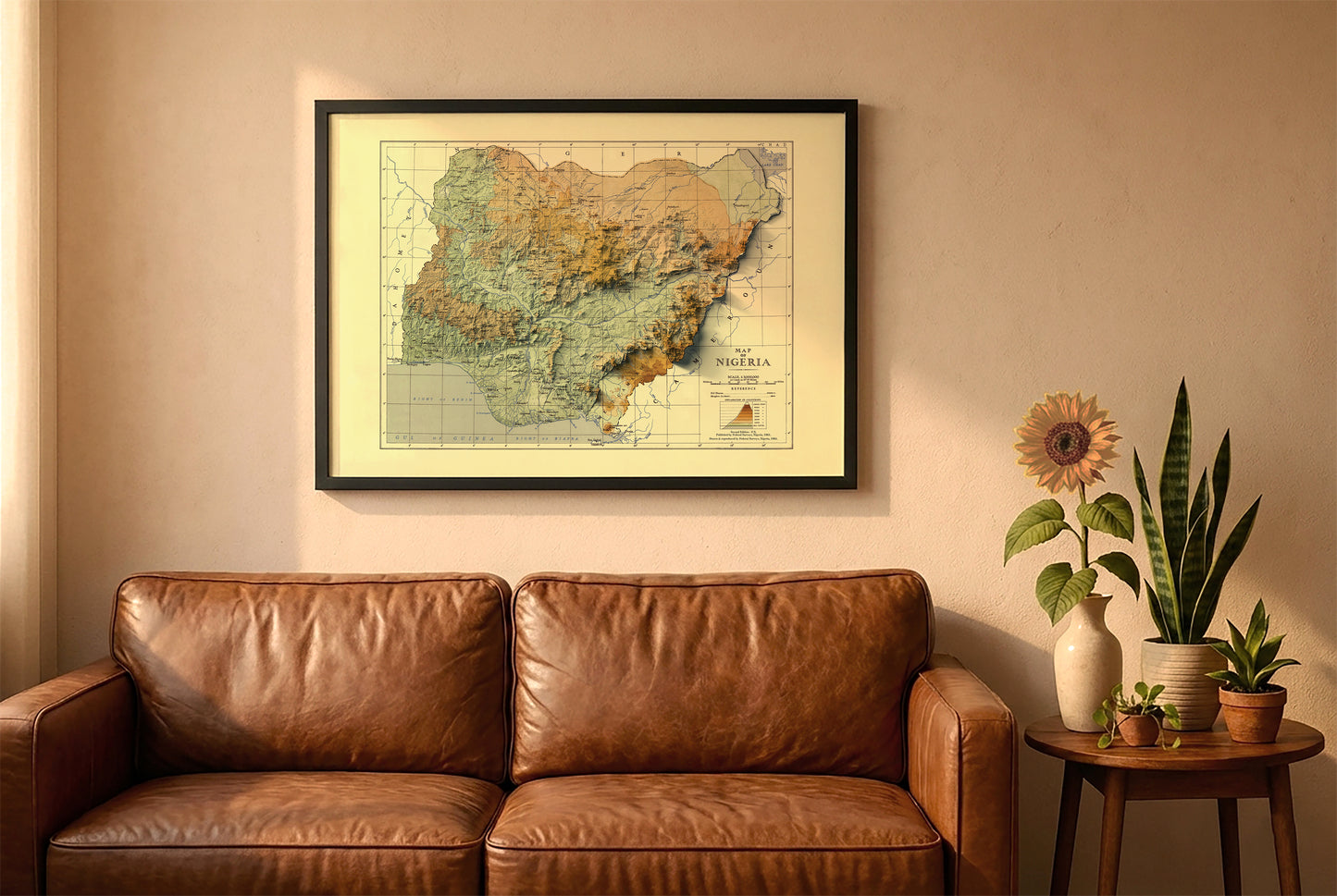 Nigeria vintage relief map in a black frame above a brown leather sofa. Boho living room with warm sunlight, sunflower, and indoor plants on a wooden side table