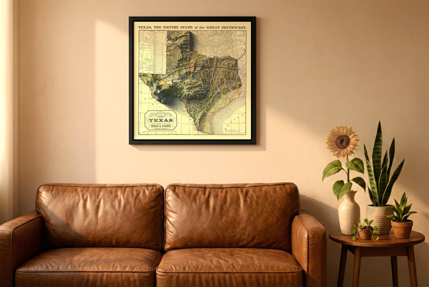 Texas vintage relief map in a black frame above a brown leather sofa. Boho living room with warm sunlight, sunflower, and indoor plants on a wooden side table