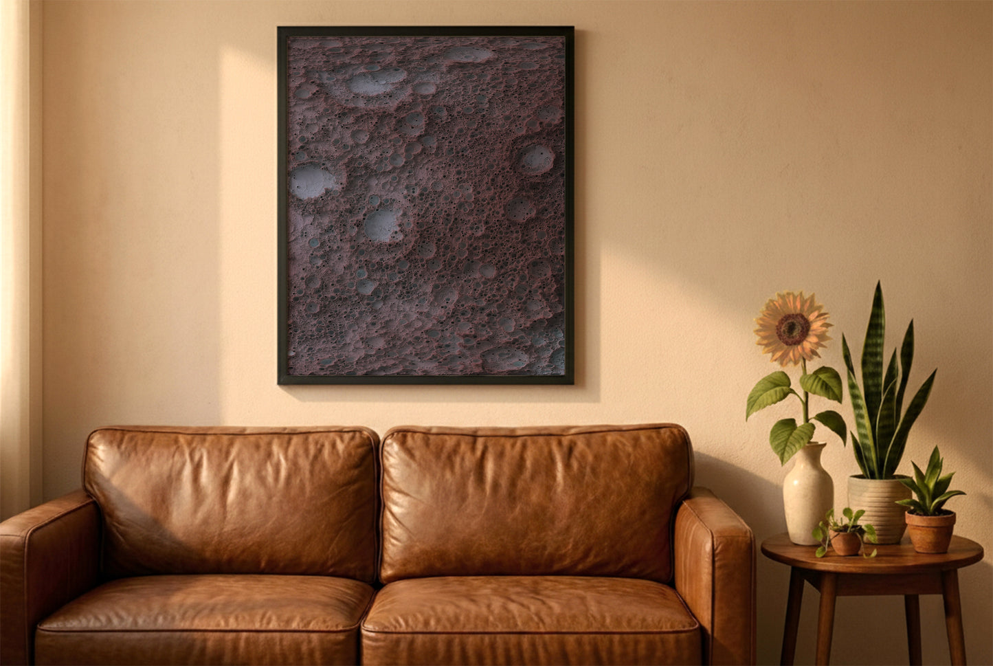 Moon relief map in a black frame above a brown leather sofa. Boho living room with warm sunlight, sunflower, and indoor plants on a wooden side table