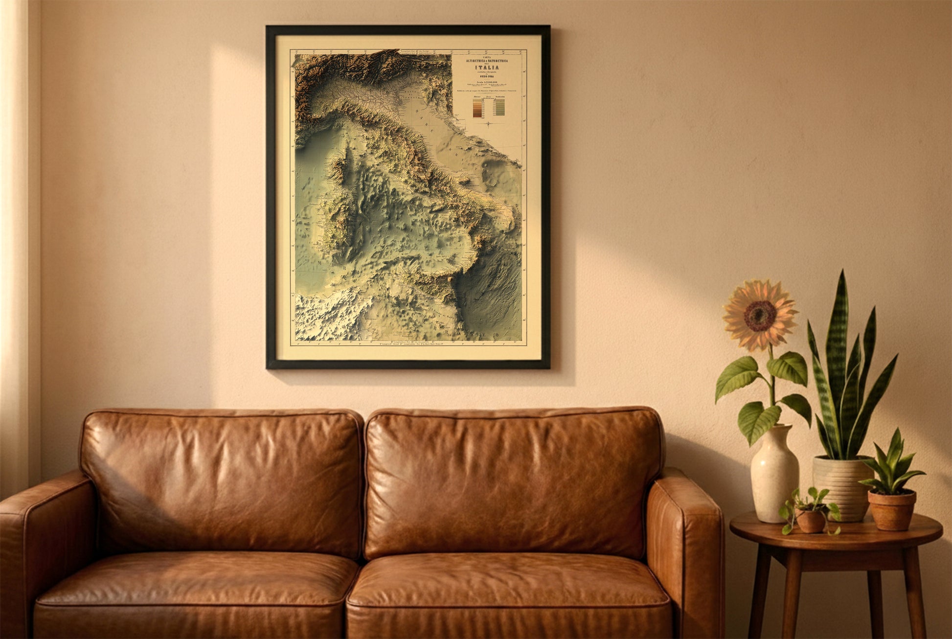Italy vintage bathymetric relief map in a black frame above a brown leather sofa. Boho living room with warm sunlight, sunflower, and indoor plants on a wooden side table