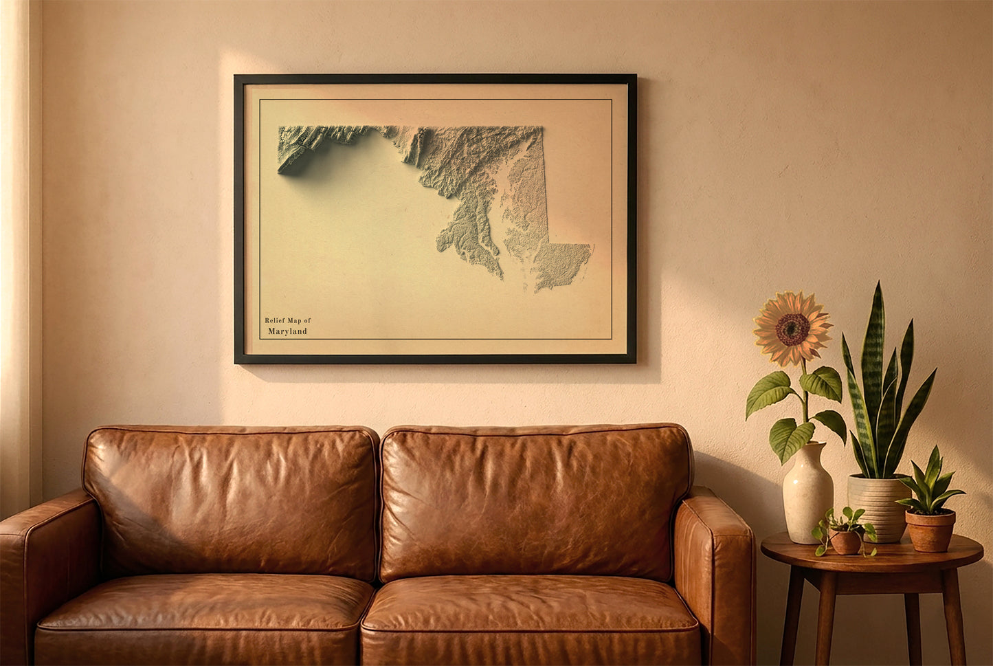 Maryland vintage relief map in a black frame above a brown leather sofa. Boho living room with warm sunlight, sunflower, and indoor plants on a wooden side table