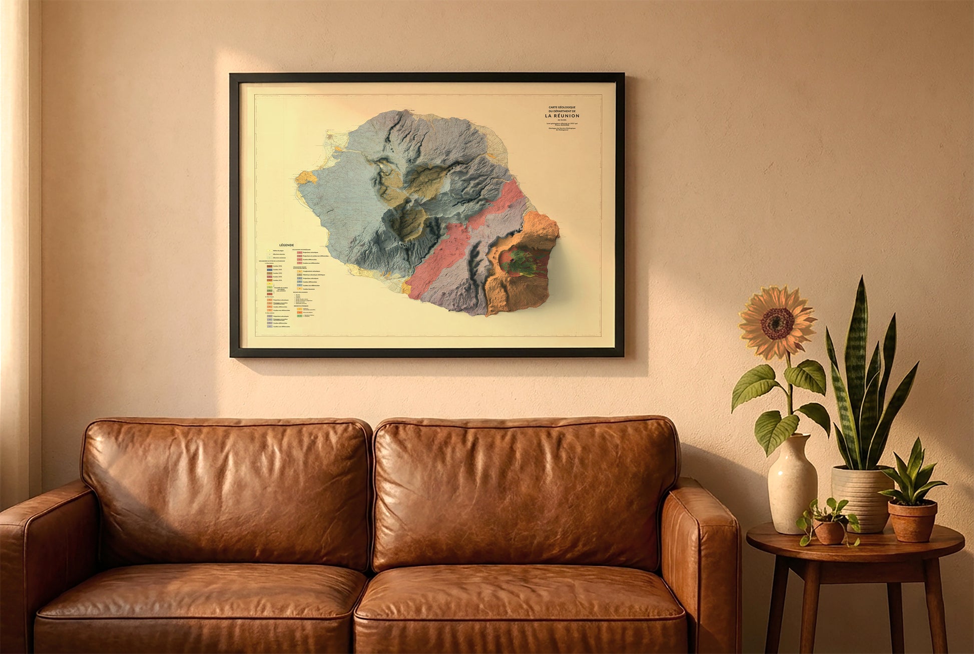 Reunion, France, vintage relief map in a black frame above a brown leather sofa. Boho living room with warm sunlight, sunflower, and indoor plants on a wooden side table