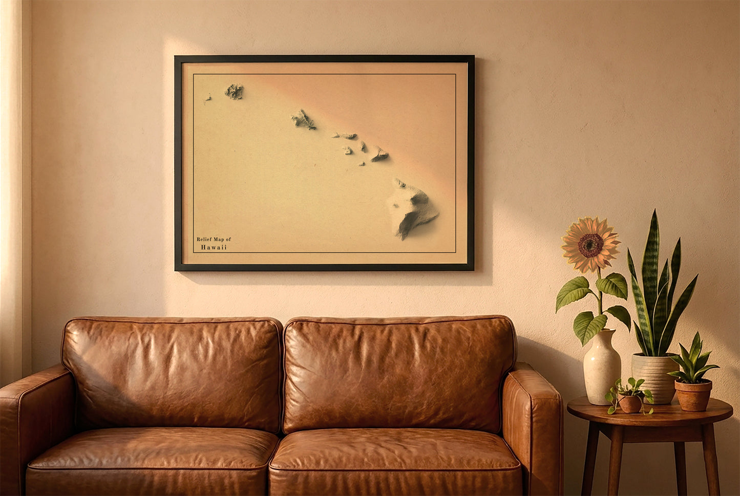 Hawaii vintage relief map in a black frame above a brown leather sofa. Boho living room with warm sunlight, sunflower, and indoor plants on a wooden side table