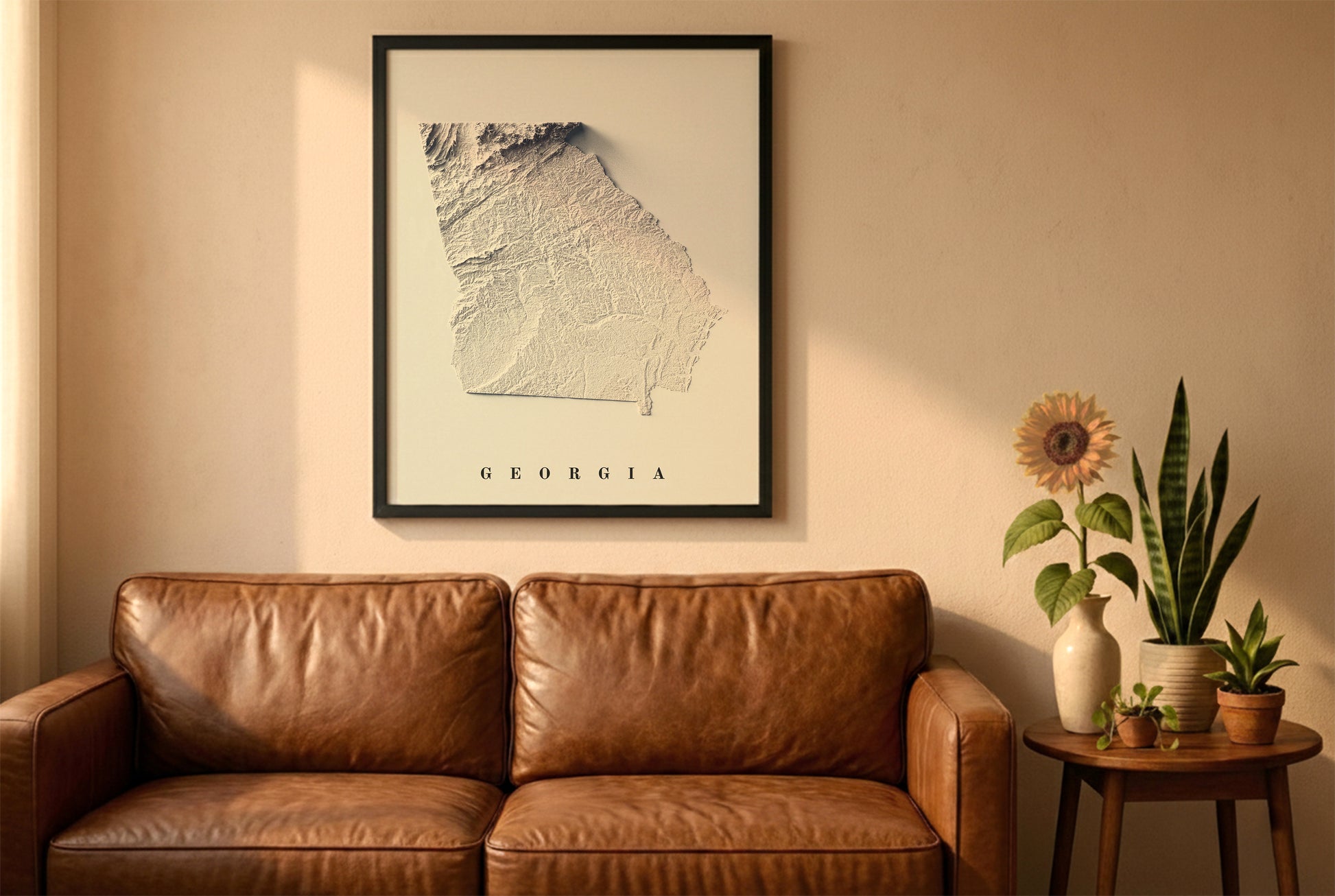 Georgia relief map in a black frame above a brown leather sofa. Boho living room with warm sunlight, sunflower, and indoor plants on a wooden side table