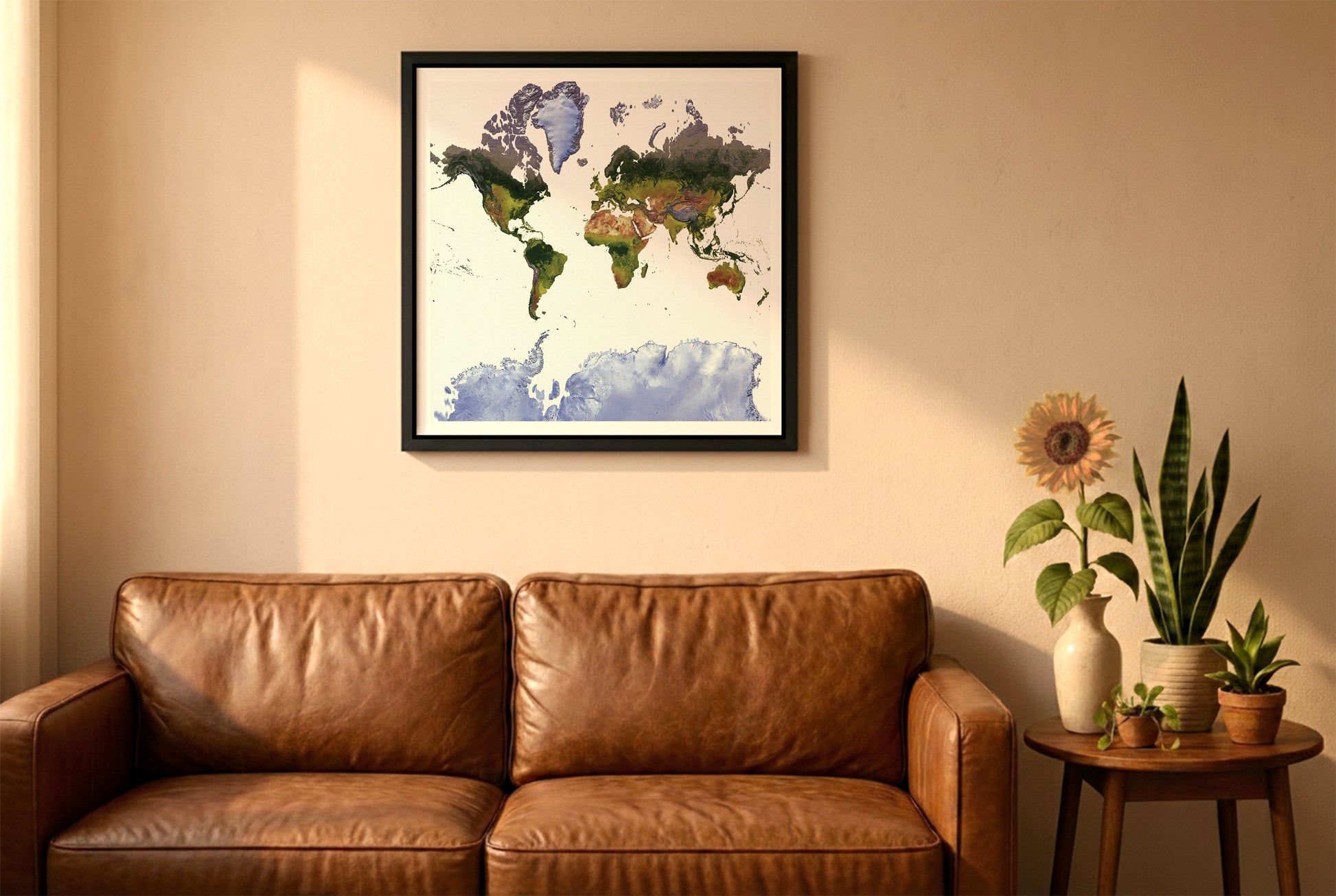 World relief map in mercator projection in a black frame above a brown leather sofa. Boho living room with warm sunlight, sunflower, and indoor plants on a wooden side table