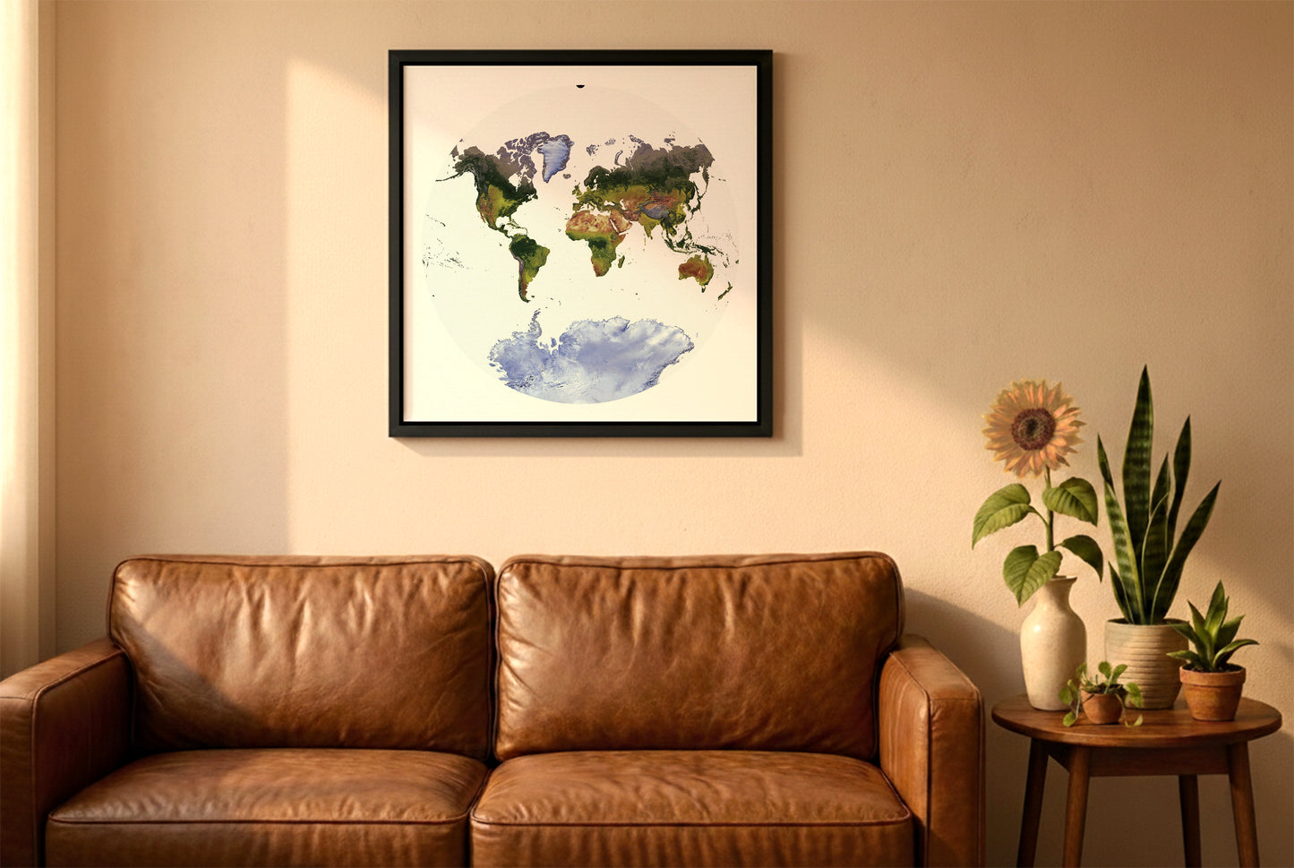 World relief map in Van der Grinten projection in a black frame above a brown leather sofa. Boho living room with warm sunlight, sunflower, and indoor plants on a wooden side table
