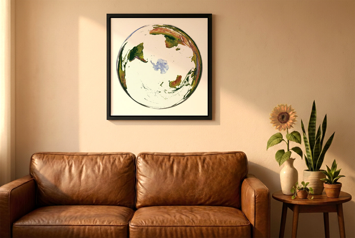 World relief map in WGS 1984 Grid South projection in a black frame above a brown leather sofa. Boho living room with warm sunlight, sunflower, and indoor plants on a wooden side table