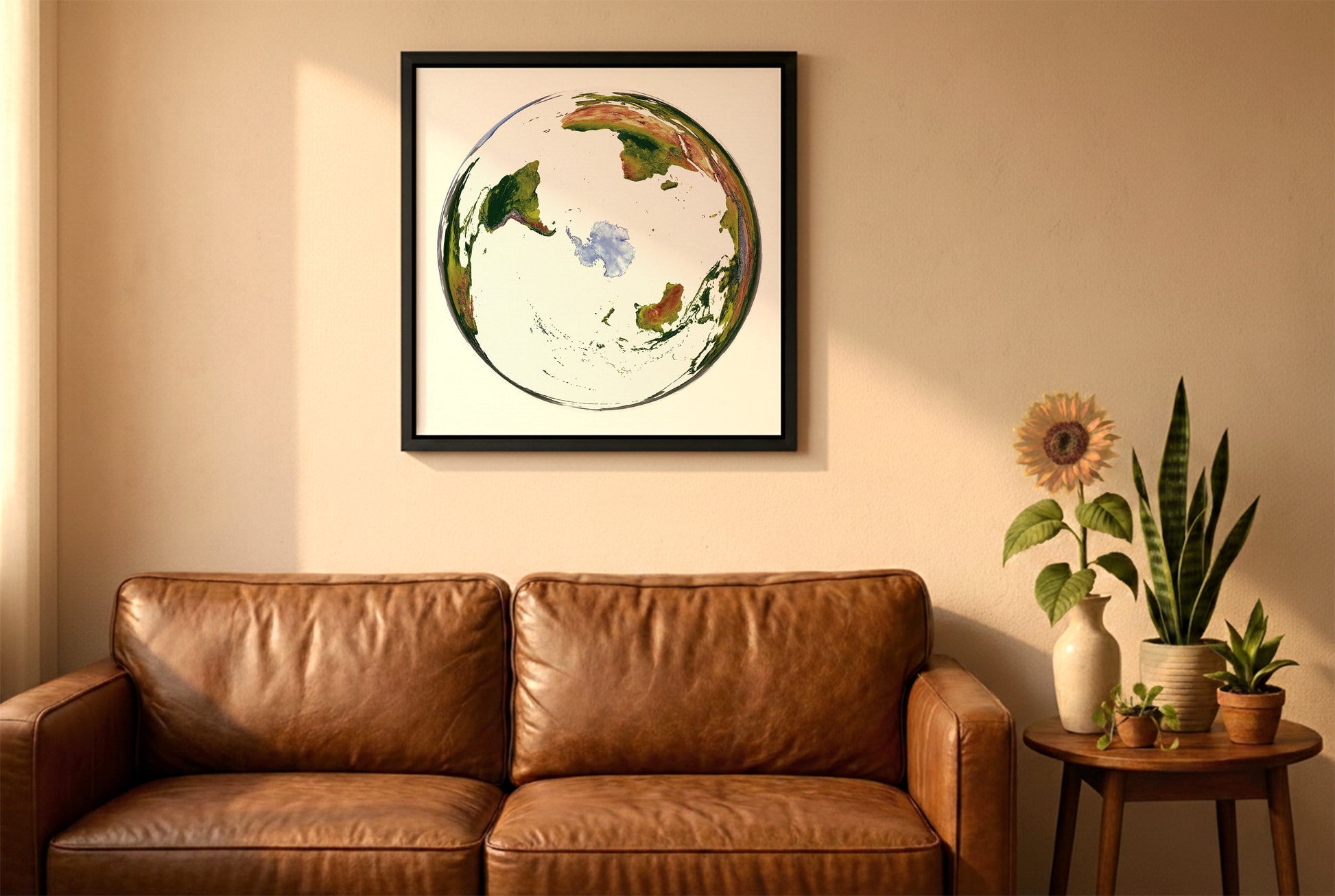 World relief map in WGS 1984 Grid South projection in a black frame above a brown leather sofa. Boho living room with warm sunlight, sunflower, and indoor plants on a wooden side table