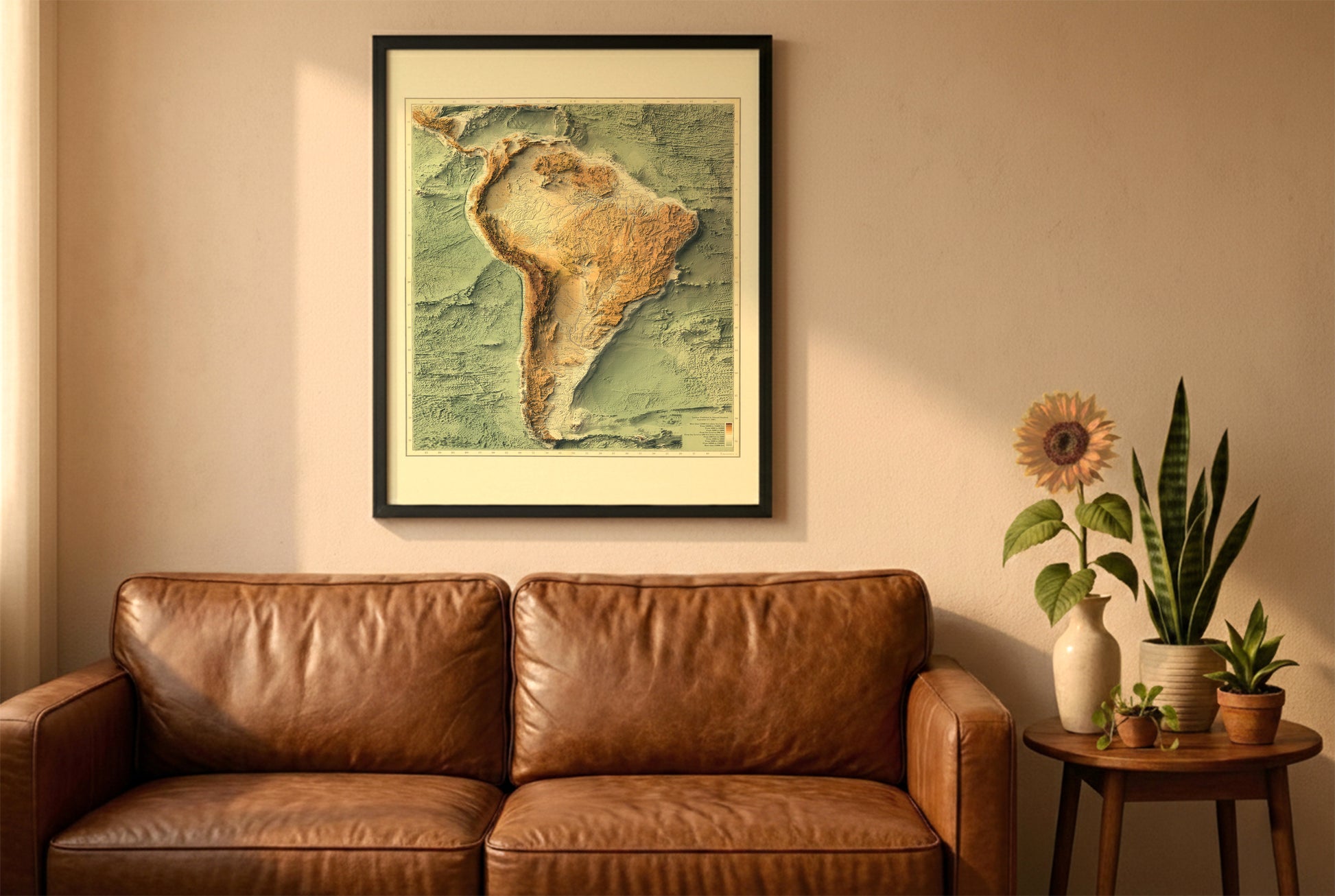 South America Bathymetric vintage relief map in a black frame above a brown leather sofa. Boho living room with warm sunlight, sunflower, and indoor plants on a wooden side table