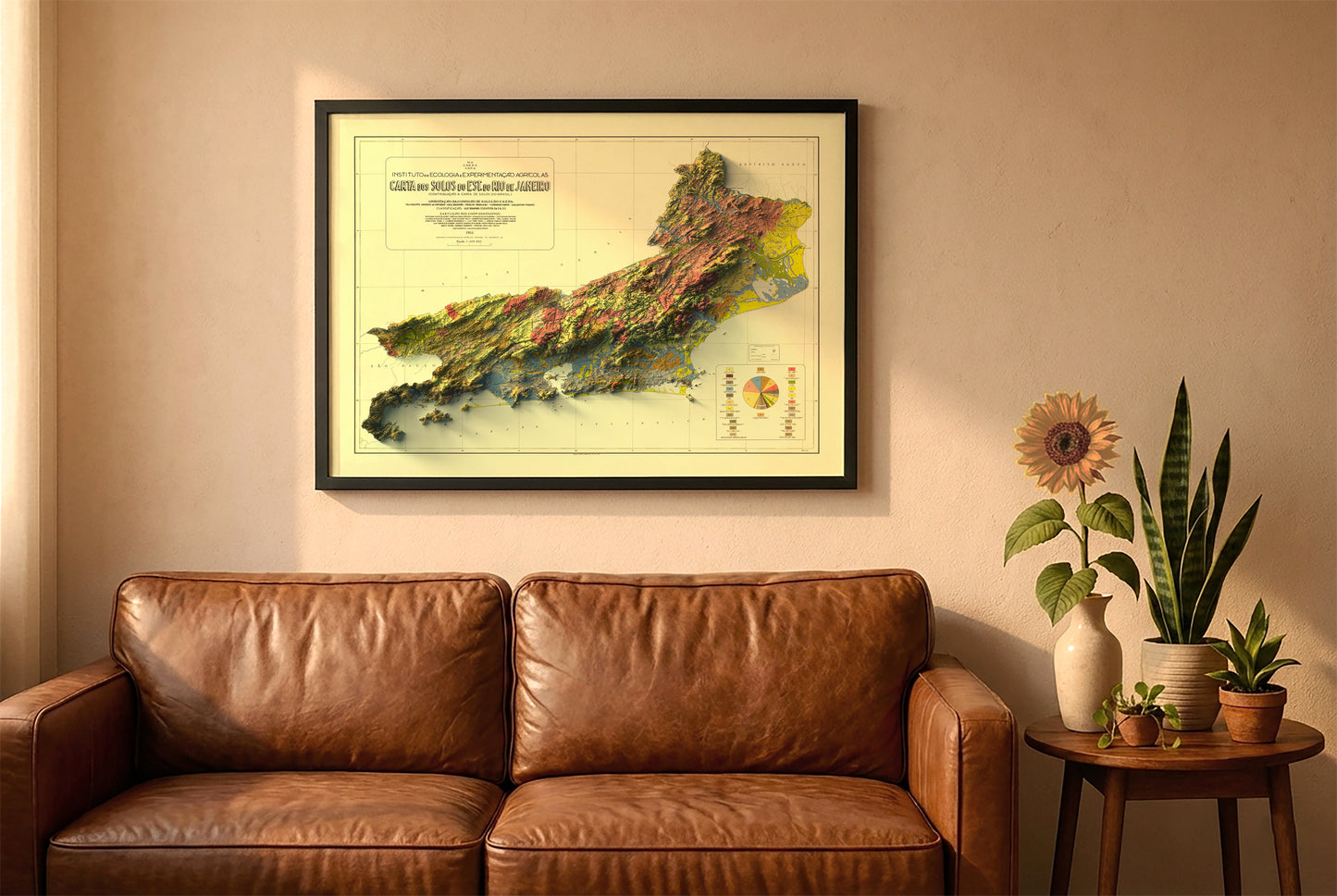 Rio de Janeiro, Brazil, vintage relief map in a black frame above a brown leather sofa. Boho living room with warm sunlight, sunflower, and indoor plants on a wooden side table