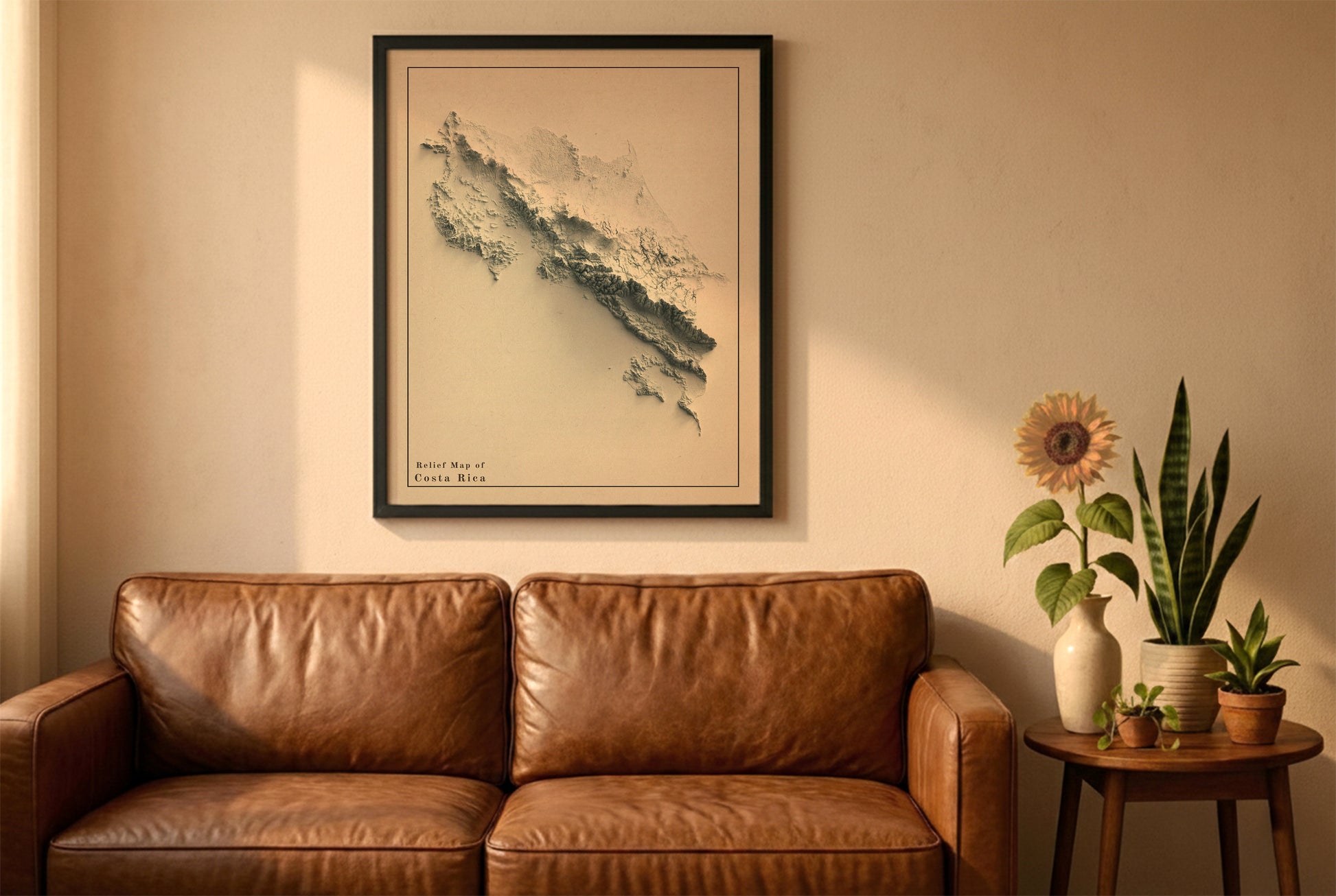 Costa Rica vintage relief map in a black frame above a brown leather sofa. Boho living room with warm sunlight, sunflower, and indoor plants on a wooden side table