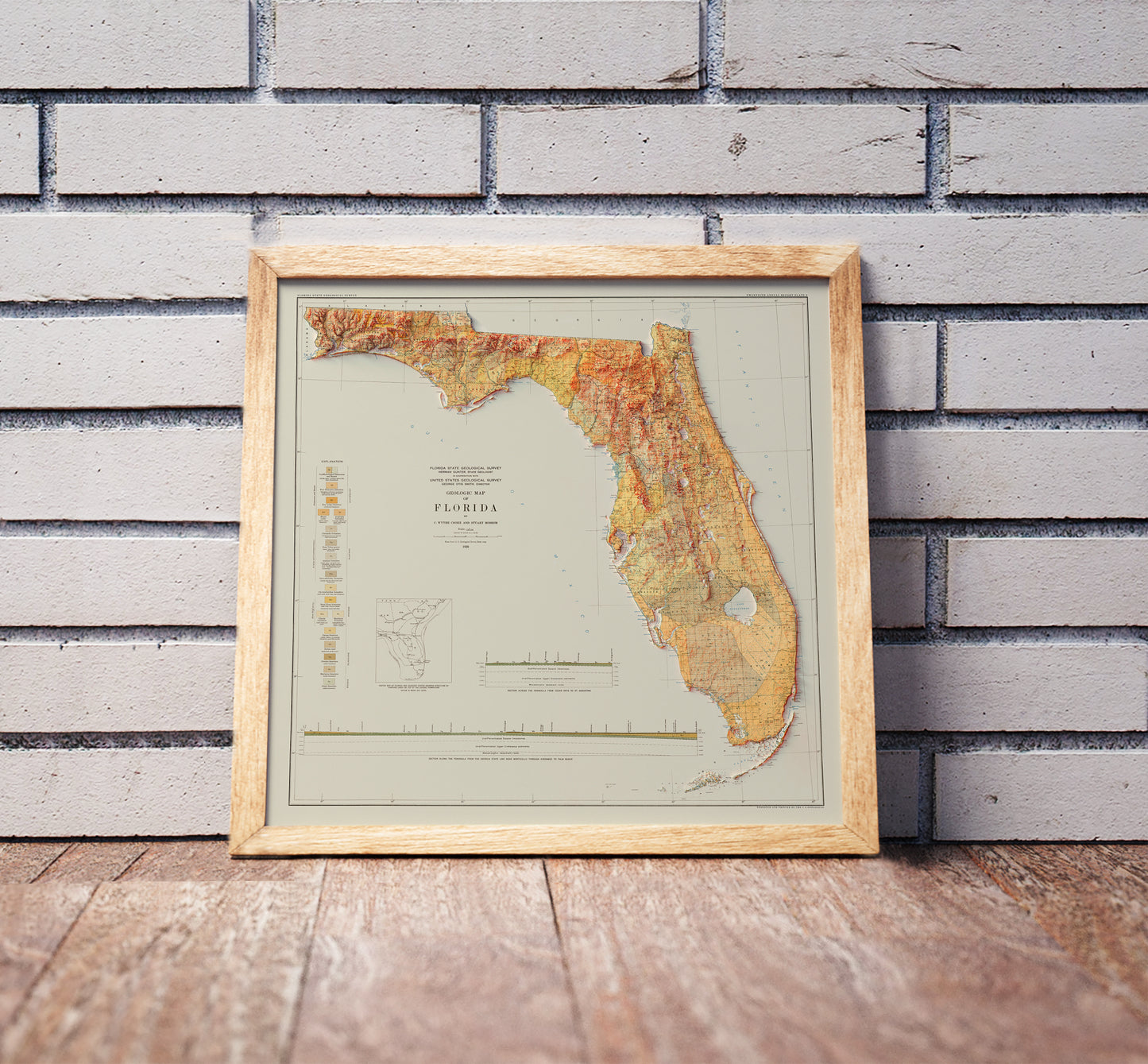 Vintage Florida shaded relief map in a wooden frame. Realistic terrain art print for home decor, displayed against a brick wall