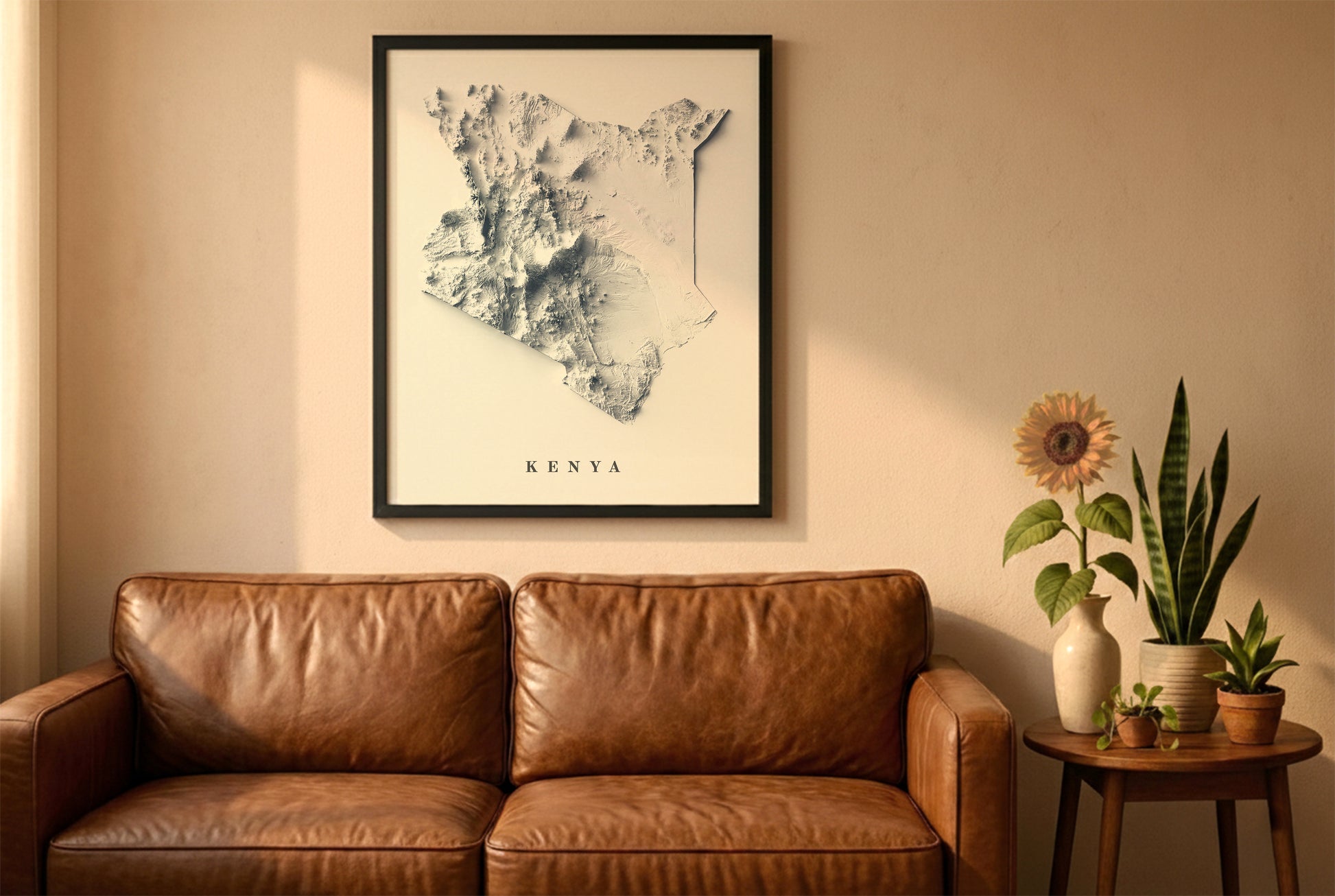 Kenya relief map in a black frame above a brown leather sofa. Boho living room with warm sunlight, sunflower, and indoor plants on a wooden side table