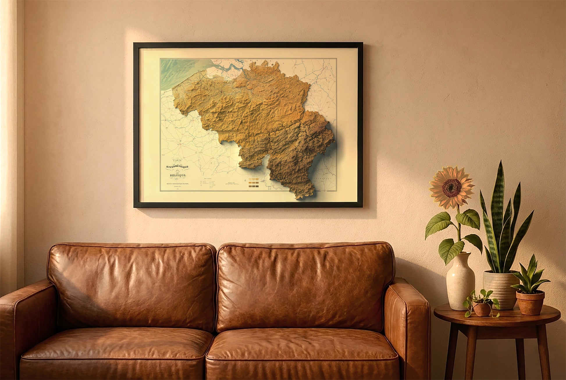 Belgium vintage relief map in a black frame above a brown leather sofa. Boho living room with warm sunlight, sunflower, and indoor plants on a wooden side table