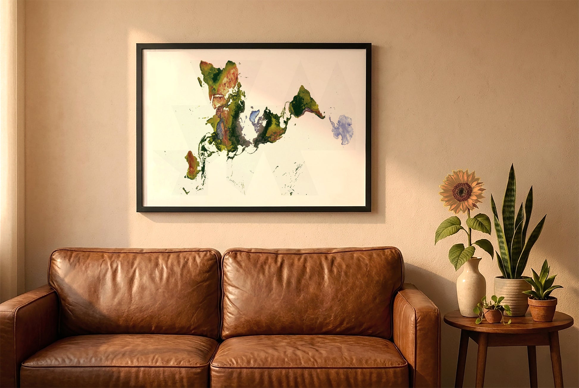 World relief map in fuller projection in a black frame above a brown leather sofa. Boho living room with warm sunlight, sunflower, and indoor plants on a wooden side table