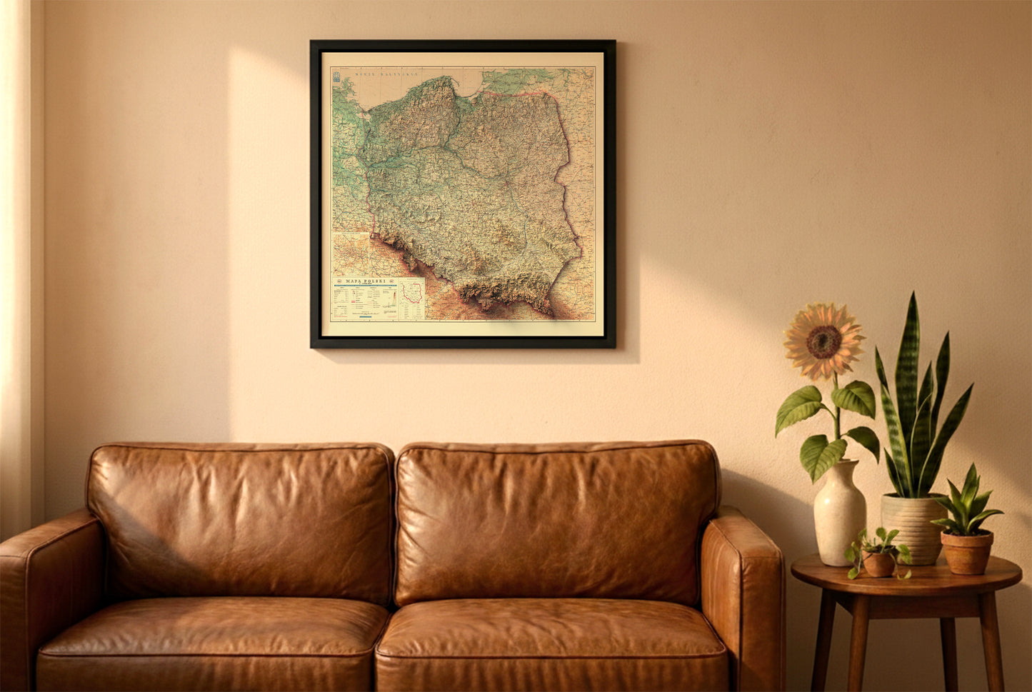 Poland vintage relief map in a black frame above a brown leather sofa. Boho living room with warm sunlight, sunflower, and indoor plants on a wooden side table