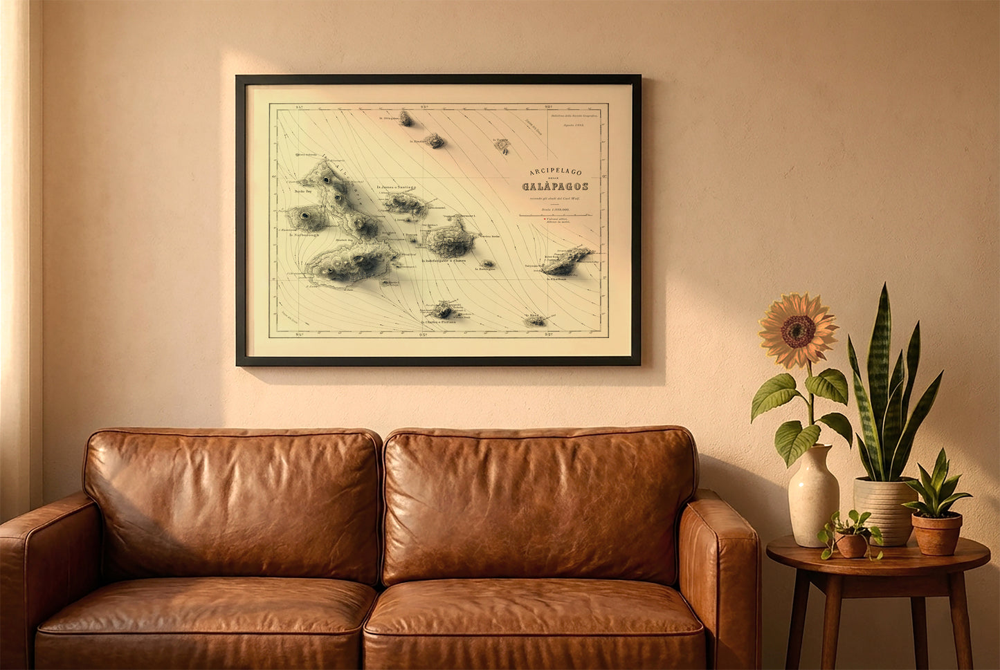 Galapagos, Ecuador, vintage relief map in a black frame above a brown leather sofa. Boho living room with warm sunlight, sunflower, and indoor plants on a wooden side table
