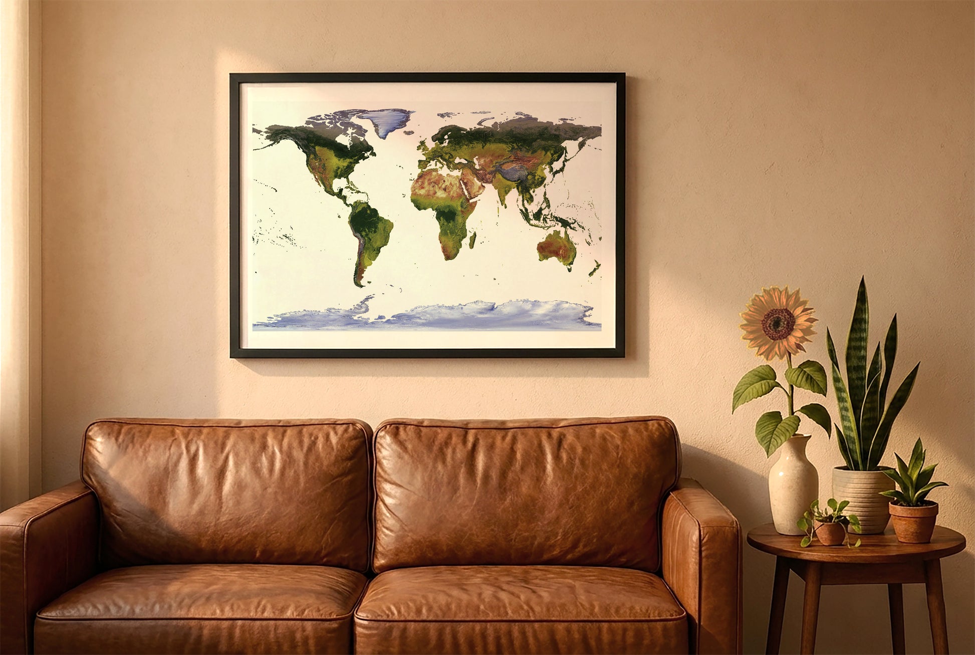 World relief map in WGS 84 projection in a black frame above a brown leather sofa. Boho living room with warm sunlight, sunflower, and indoor plants on a wooden side table