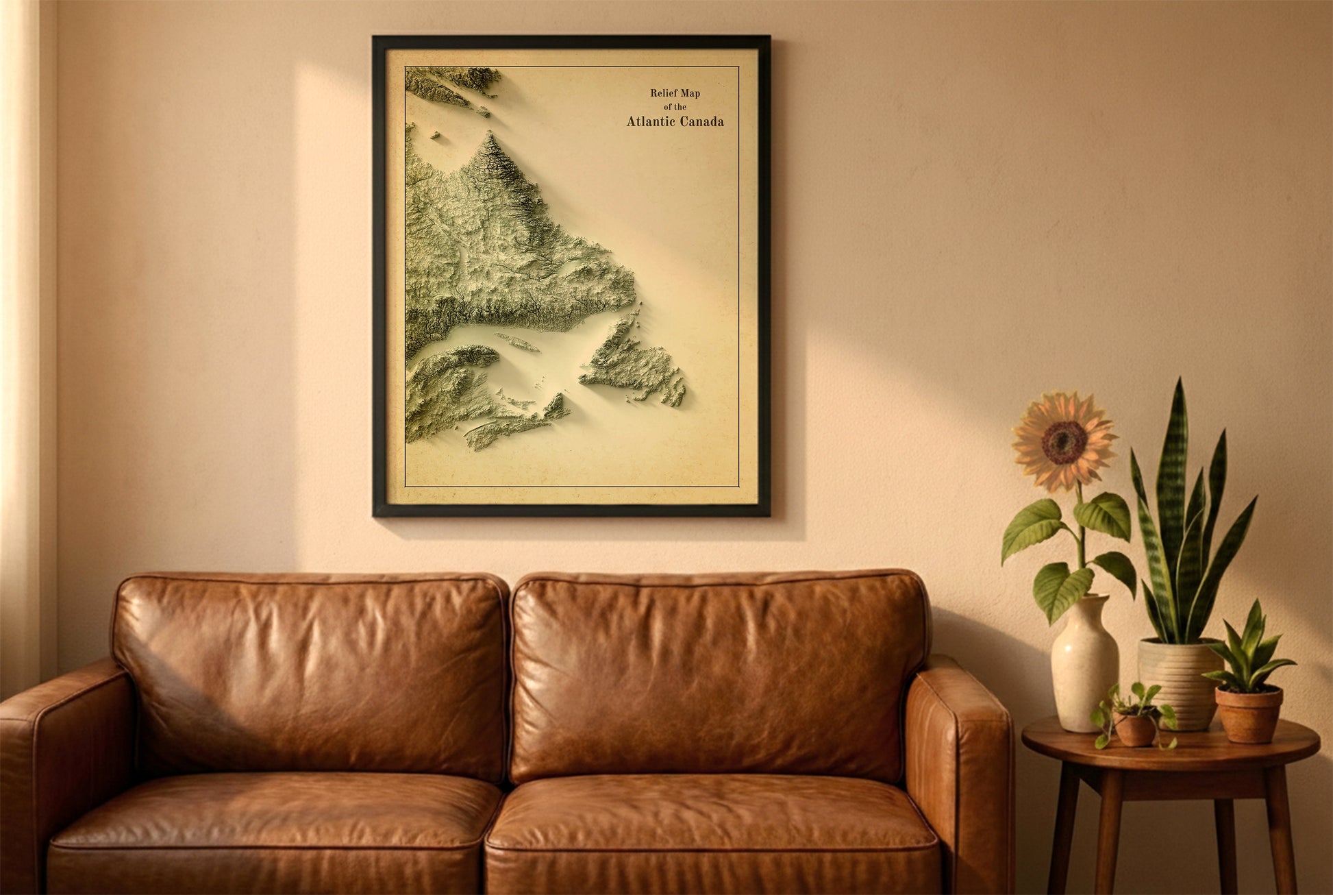 Atlantic Canada vintage relief map in a black frame above a brown leather sofa. Boho living room with warm sunlight, sunflower, and indoor plants on a wooden side table