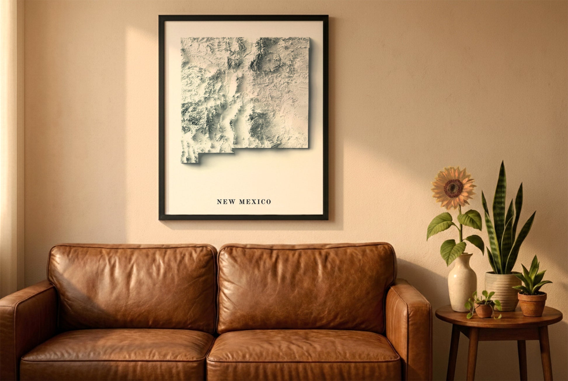 New Mexico relief map in a black frame above a brown leather sofa. Boho living room with warm sunlight, sunflower, and indoor plants on a wooden side table