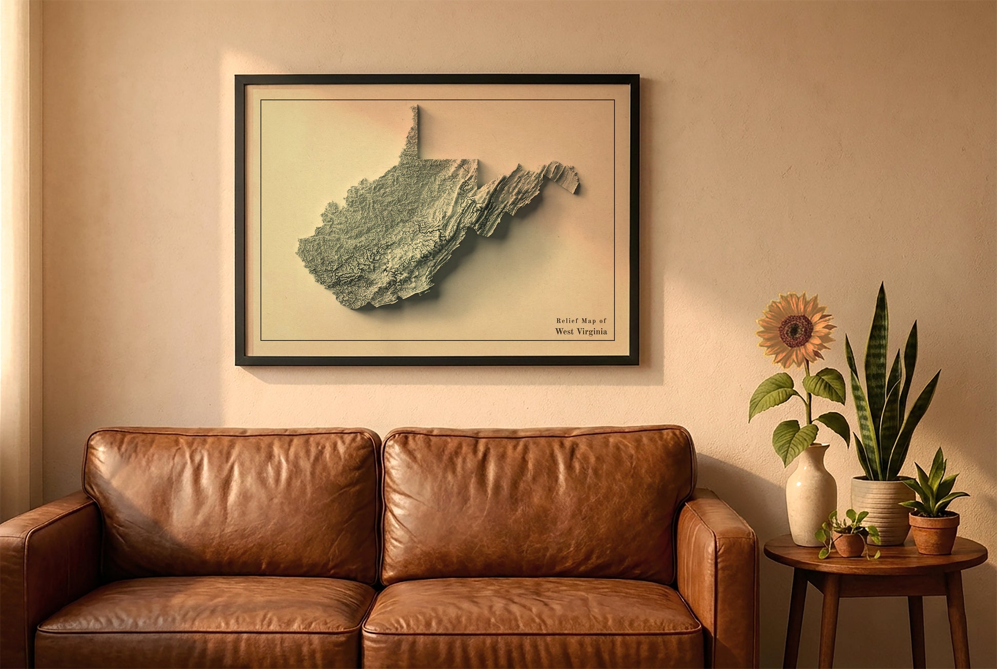 West Virginia vintage relief map in a black frame above a brown leather sofa. Boho living room with warm sunlight, sunflower, and indoor plants on a wooden side table