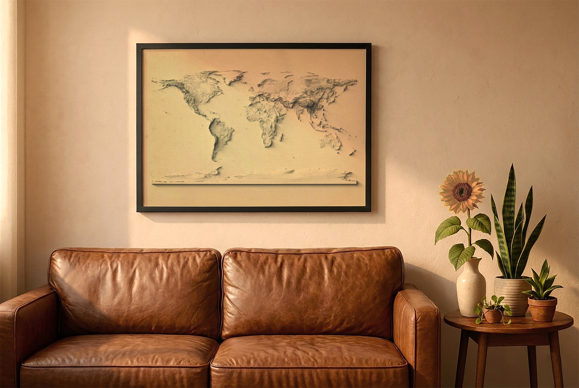 Vintage world relief map in a black frame above a brown leather sofa. Boho living room with warm sunlight, sunflower, and indoor plants on a wooden side table