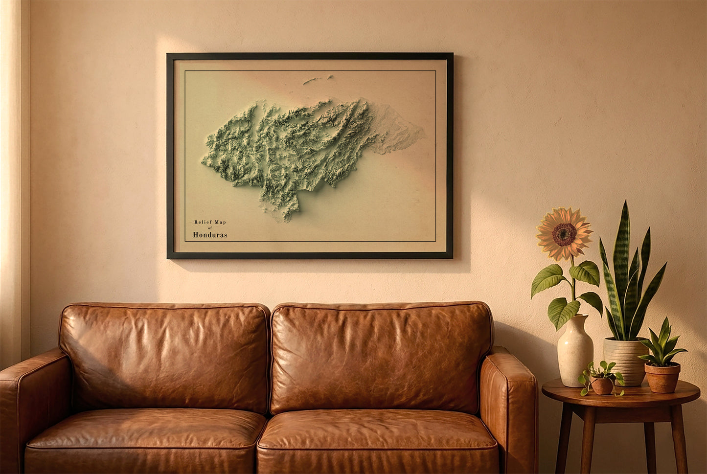 Honduras vintage relief map in a black frame above a brown leather sofa. Boho living room with warm sunlight, sunflower, and indoor plants on a wooden side table