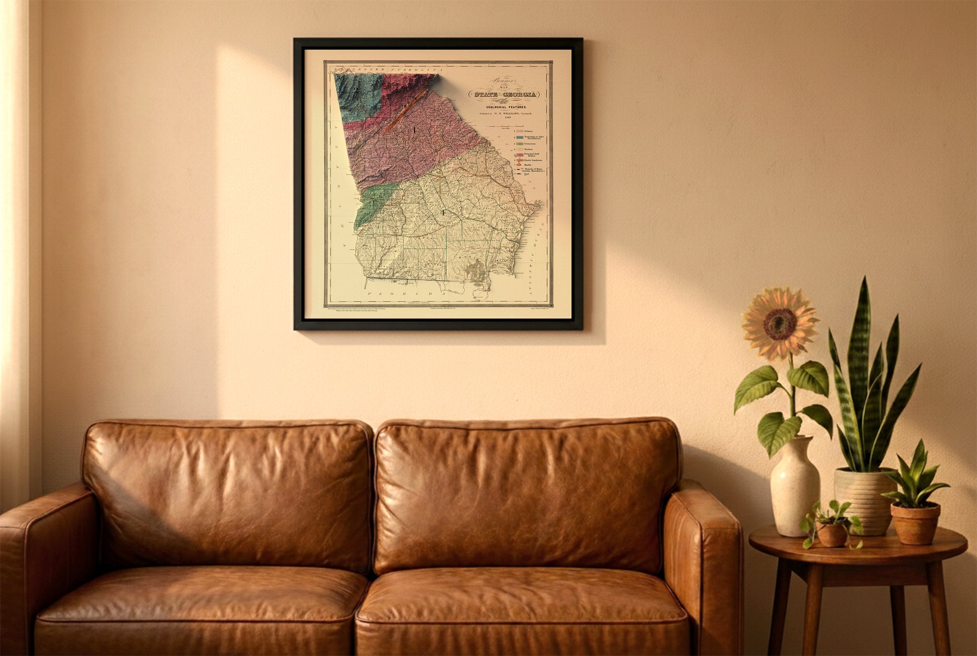 Georgia vintage relief map in a black frame above a brown leather sofa. Boho living room with warm sunlight, sunflower, and indoor plants on a wooden side table