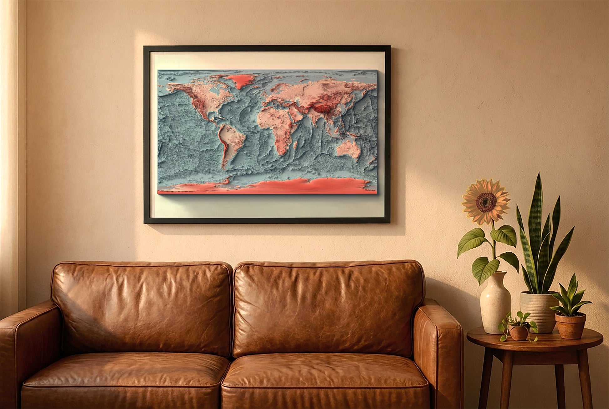 world relief map in a black frame above a brown leather sofa. Boho living room with warm sunlight, sunflower, and indoor plants on a wooden side table