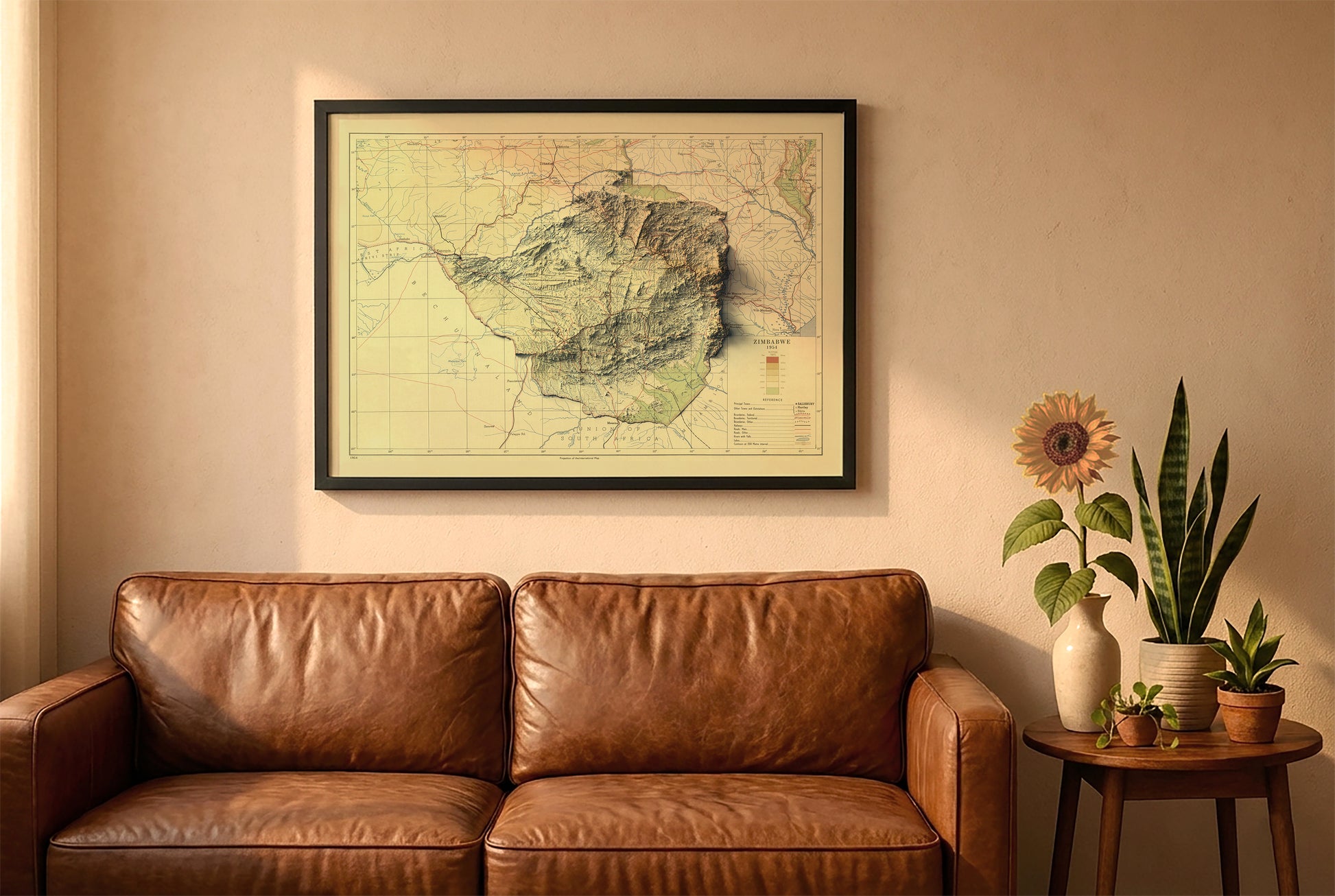 Zimbabwe vintage relief map in a black frame above a brown leather sofa. Boho living room with warm sunlight, sunflower, and indoor plants on a wooden side table