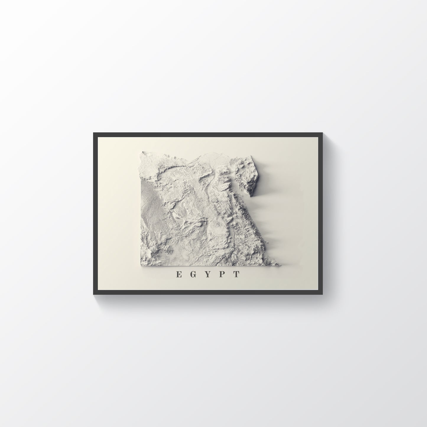 Egypt framed shaded relief map in black frame. Artistic print highlighting mountains with a realistic terrain effect