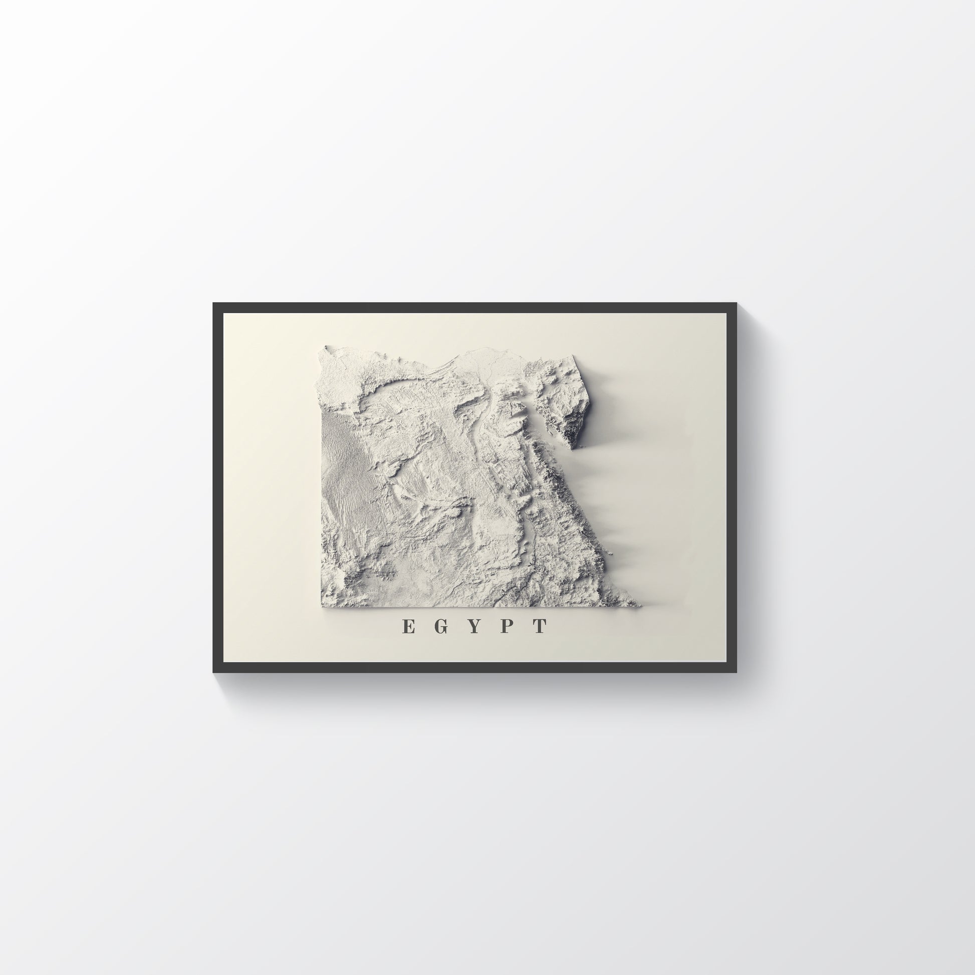 Egypt framed shaded relief map in black frame. Artistic print highlighting mountains with a realistic terrain effect