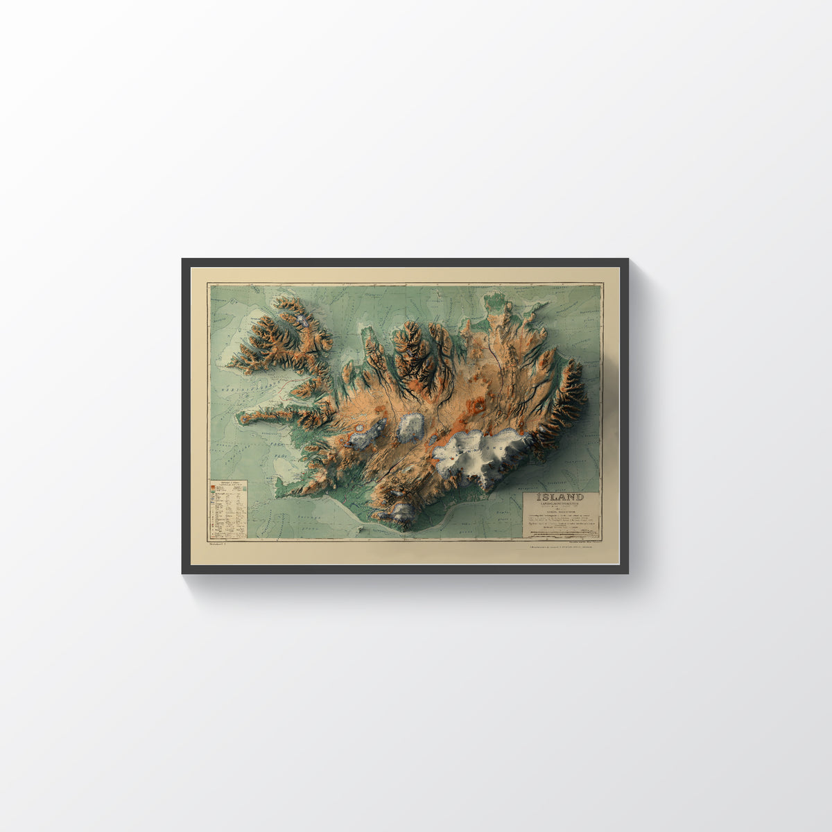 Iceland vintage framed shaded relief map in black frame. Artistic print highlighting mountains with a realistic terrain effect