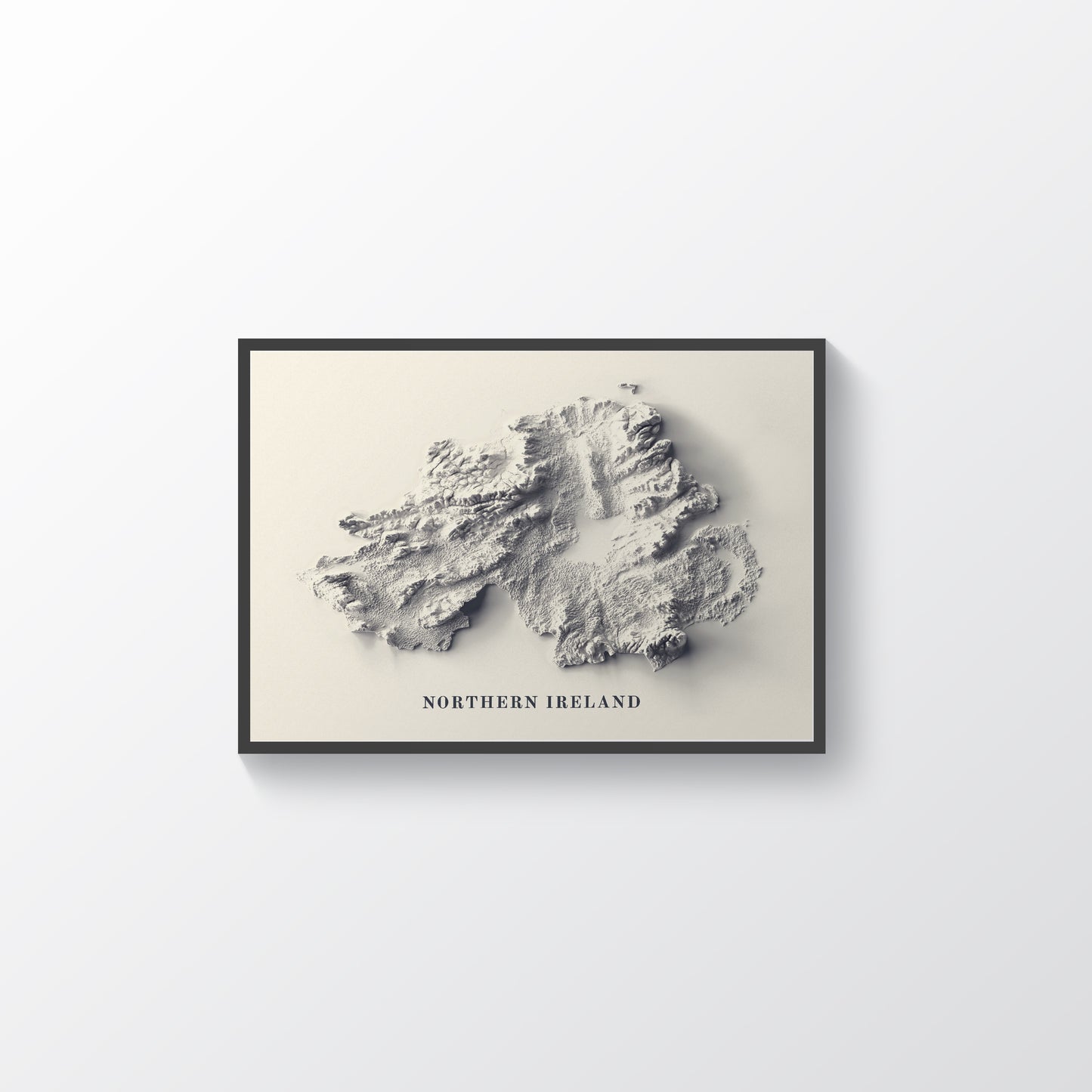 northern ireland framed shaded relief map in black frame. Artistic print highlighting mountains with a realistic terrain effect