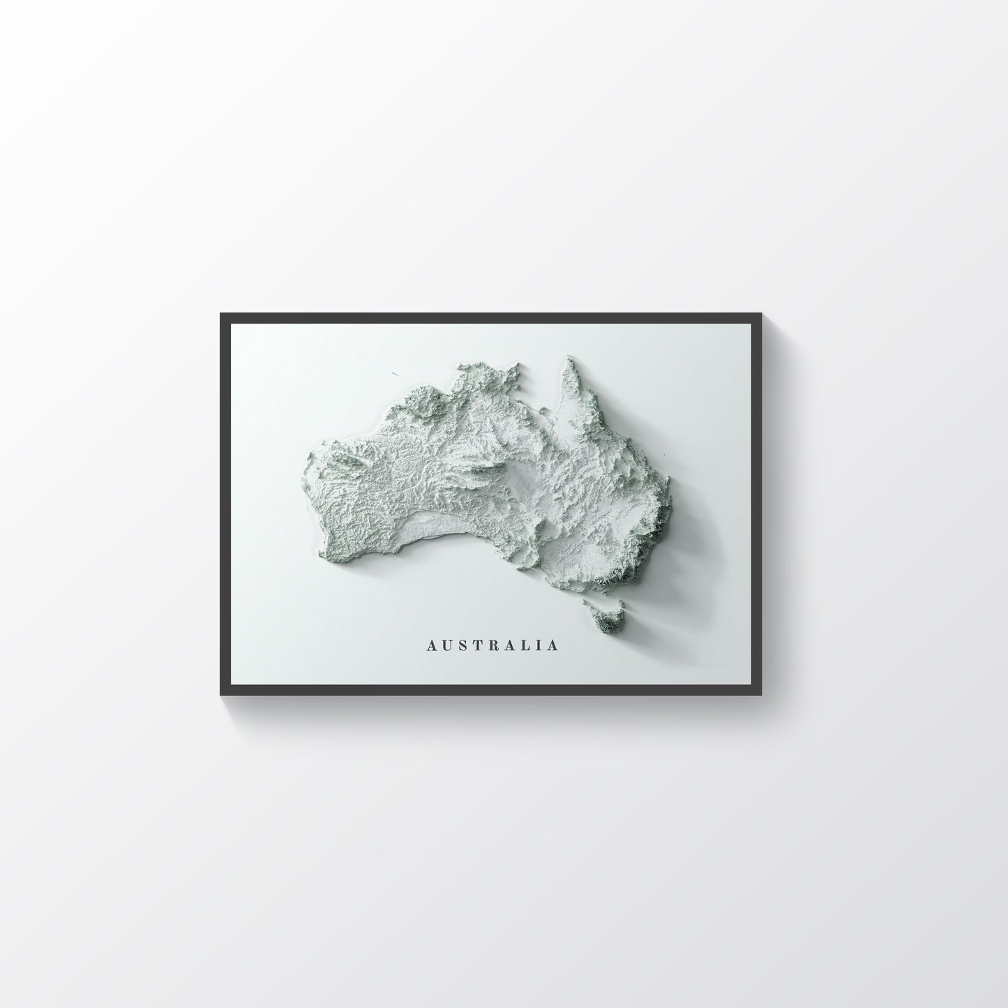 Australia minimalist framed shaded relief map in black frame. Artistic print highlighting mountains with a realistic terrain effect