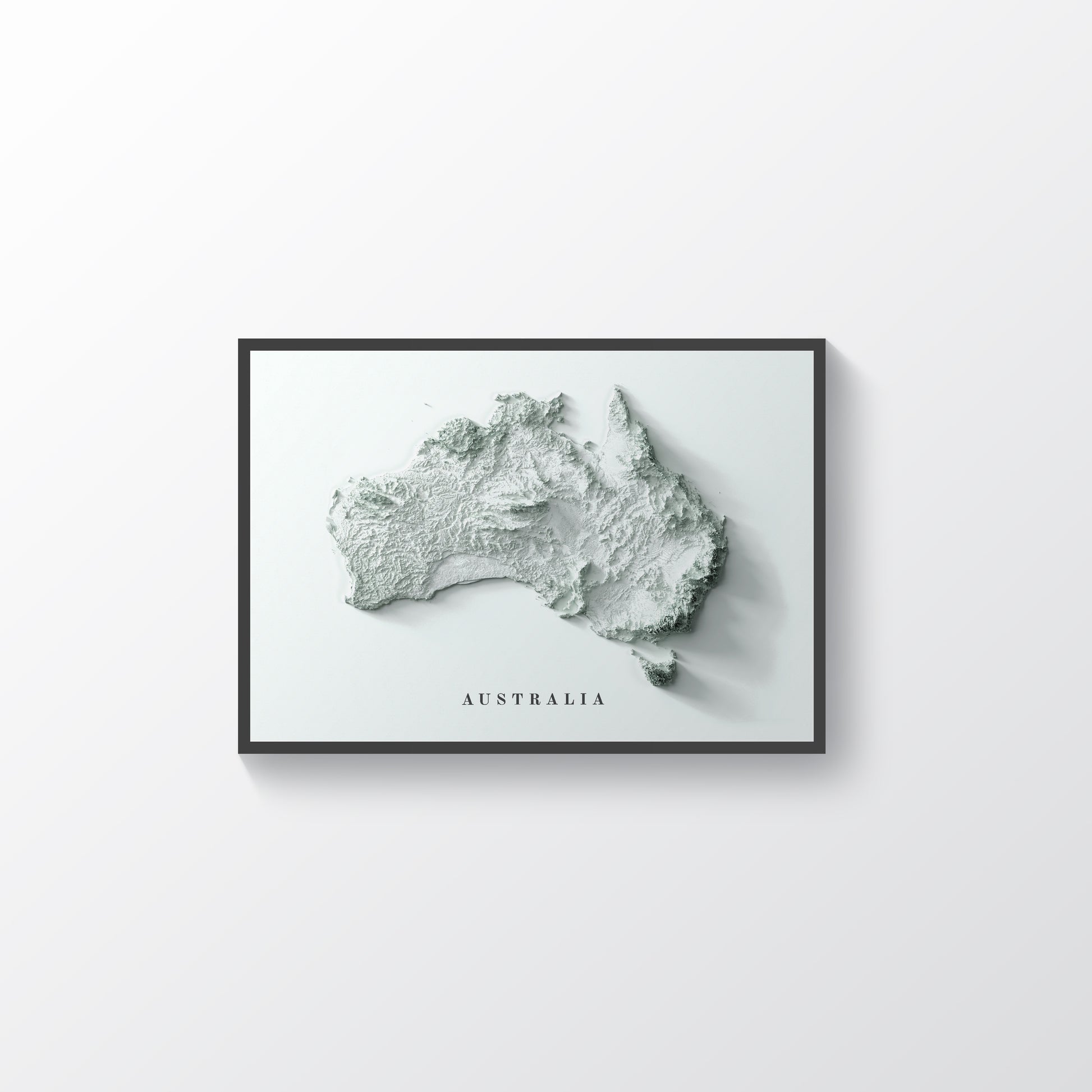 Australia minimalist framed shaded relief map in black frame. Artistic print highlighting mountains with a realistic terrain effect