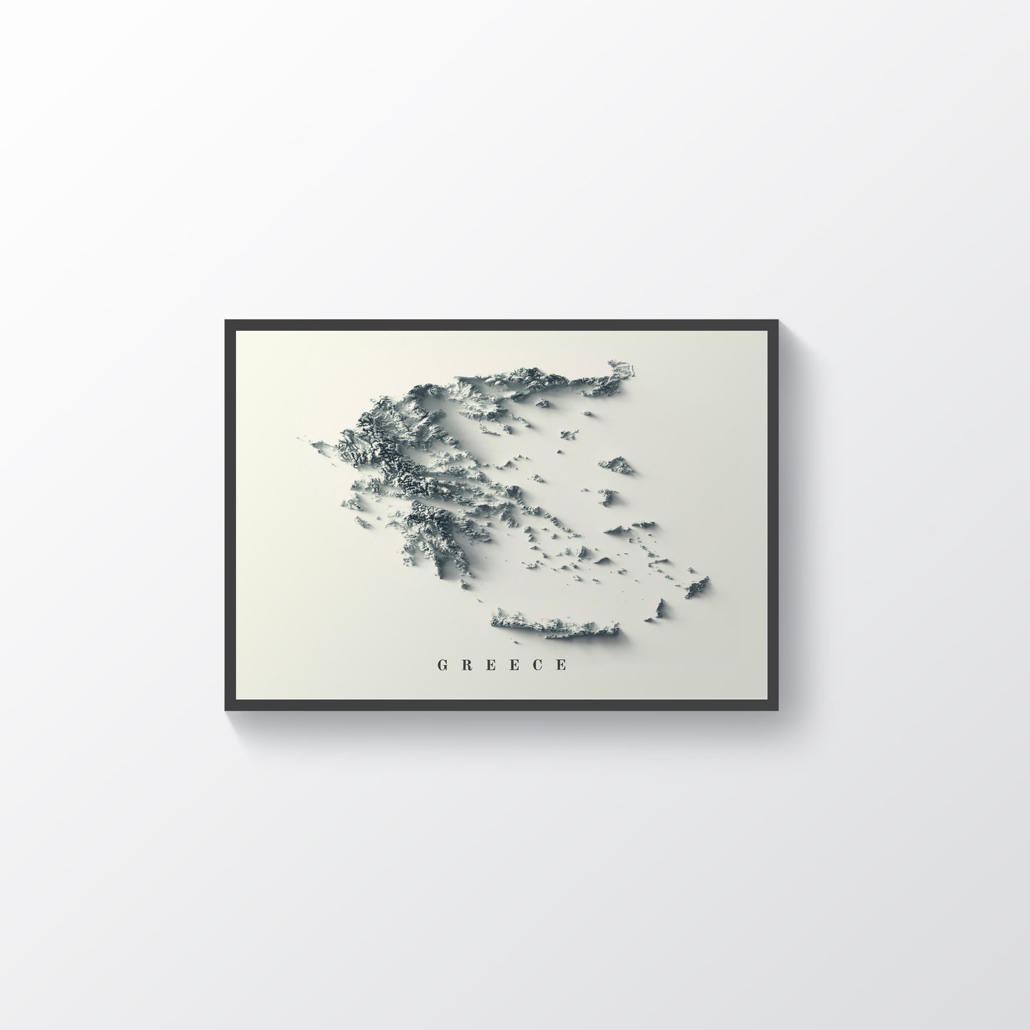 Greece framed shaded relief map in black frame. Artistic print highlighting mountains with a realistic terrain effect