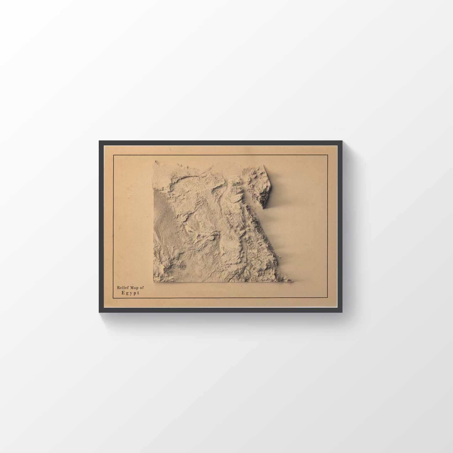 Egypt vintage framed shaded relief map in black frame. Artistic print highlighting mountains with a realistic terrain effect