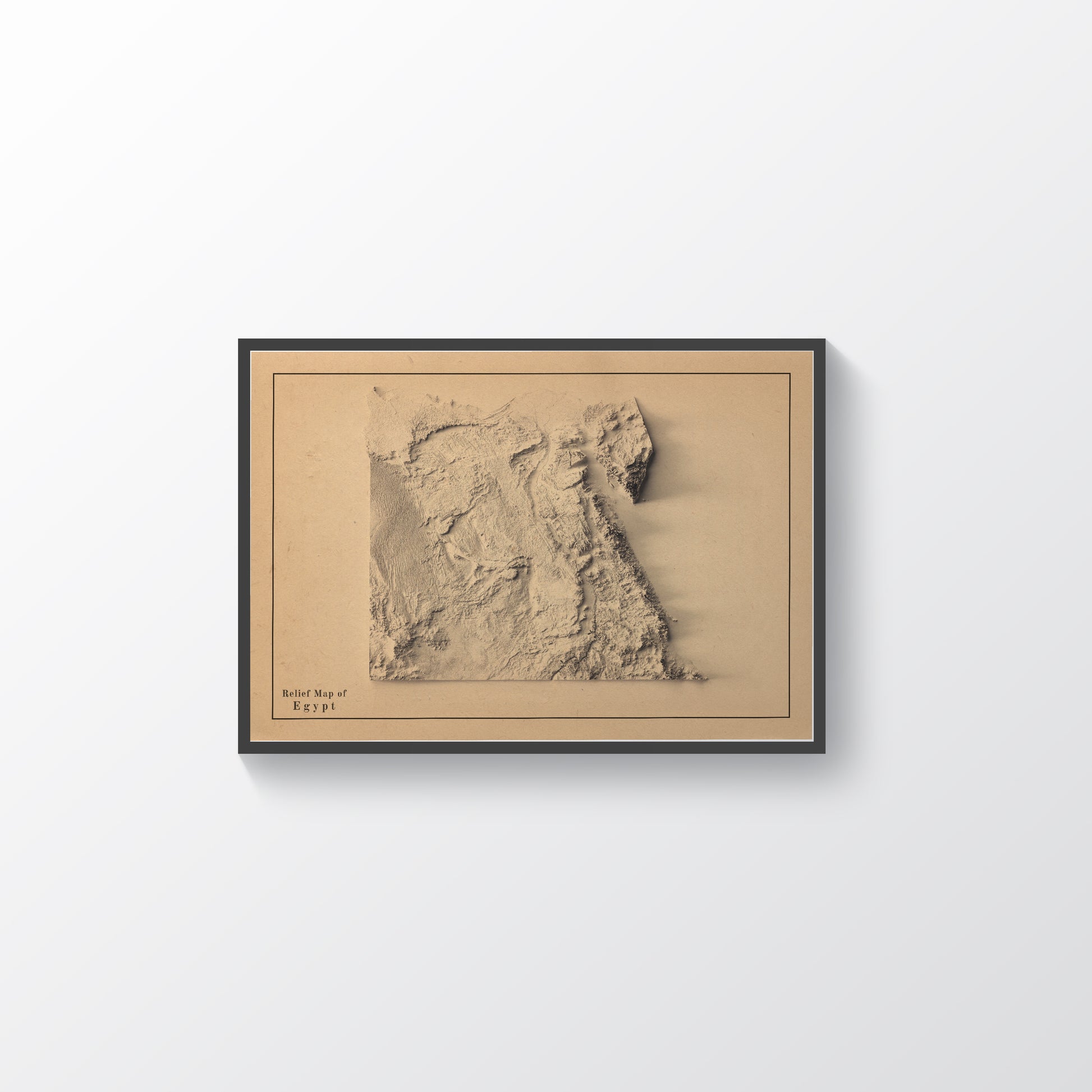 Egypt vintage framed shaded relief map in black frame. Artistic print highlighting mountains with a realistic terrain effect