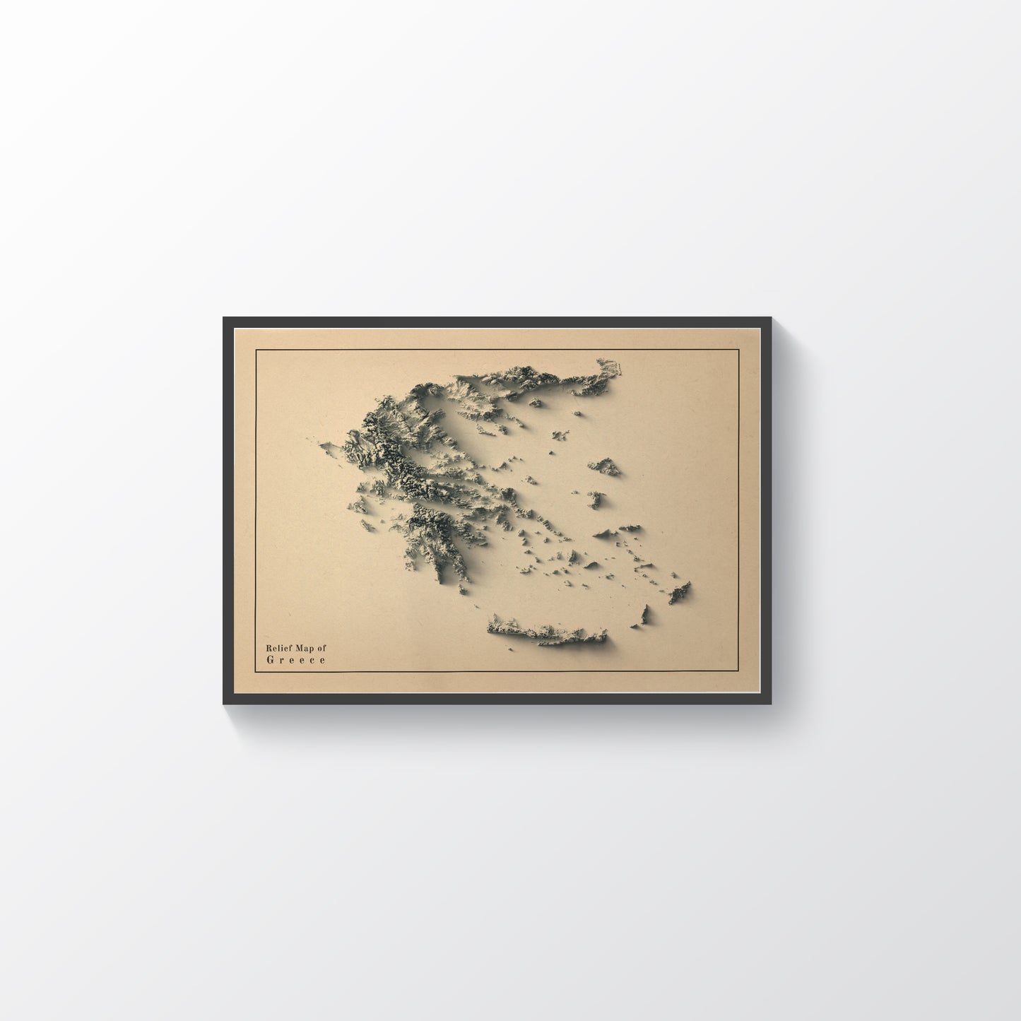 Greece vintage framed shaded relief map in black frame. Artistic print highlighting mountains with a realistic terrain effect