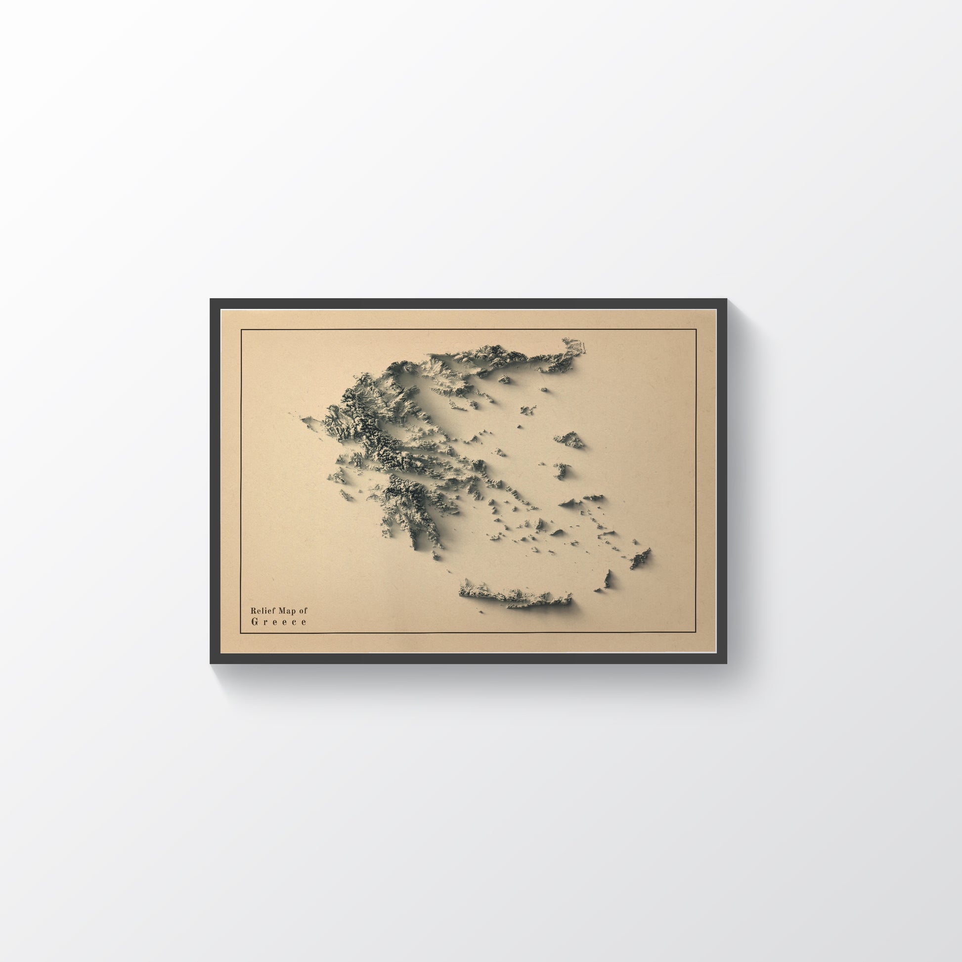 Greece vintage framed shaded relief map in black frame. Artistic print highlighting mountains with a realistic terrain effect
