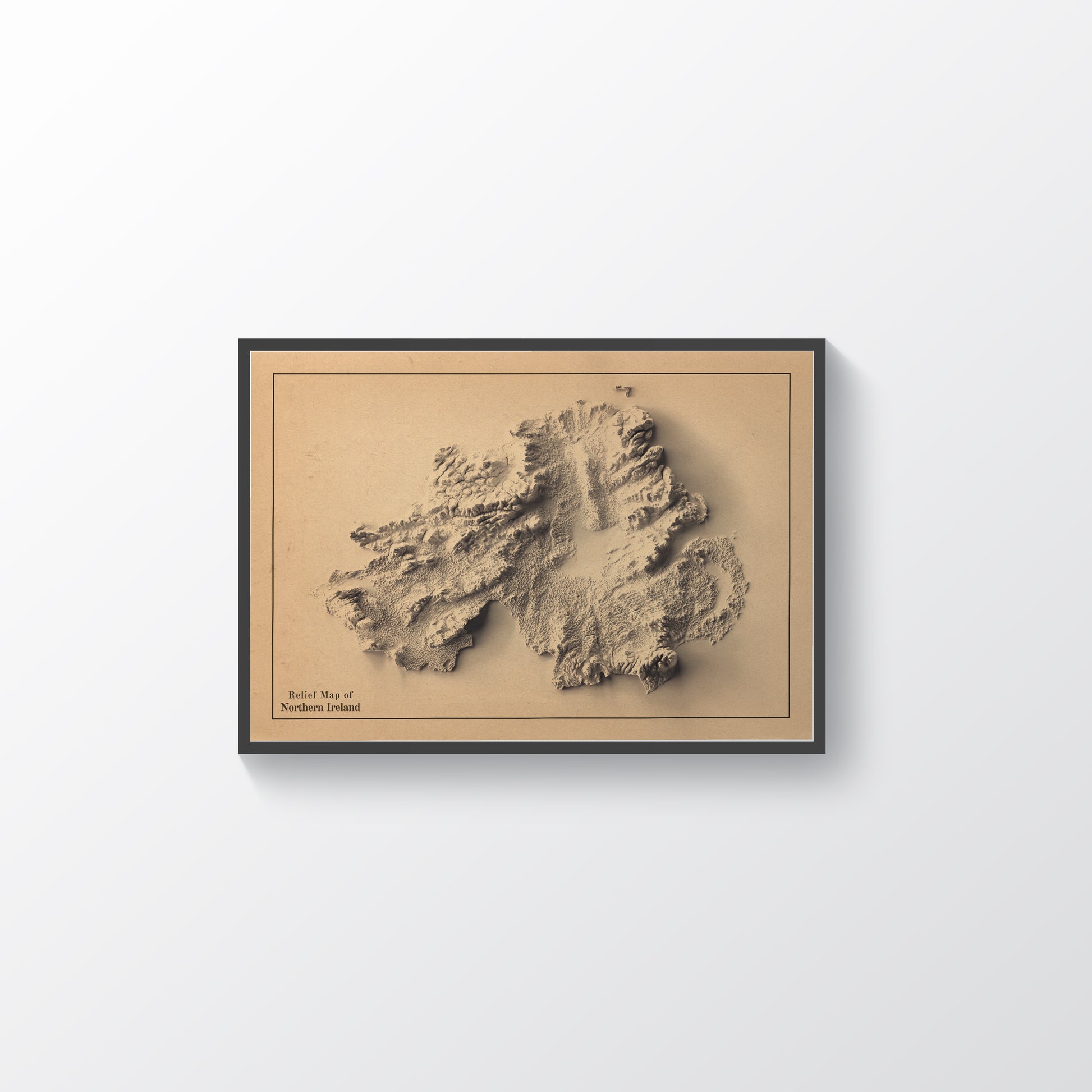 northern ireland framed shaded relief map in black frame. Artistic print highlighting mountains with a realistic terrain effect