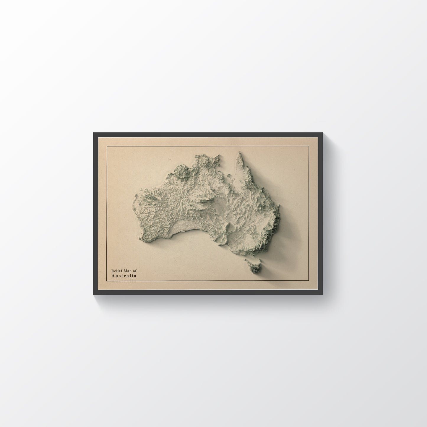 Australia minimalist framed shaded relief map in black frame. Artistic print highlighting mountains with a realistic terrain effect