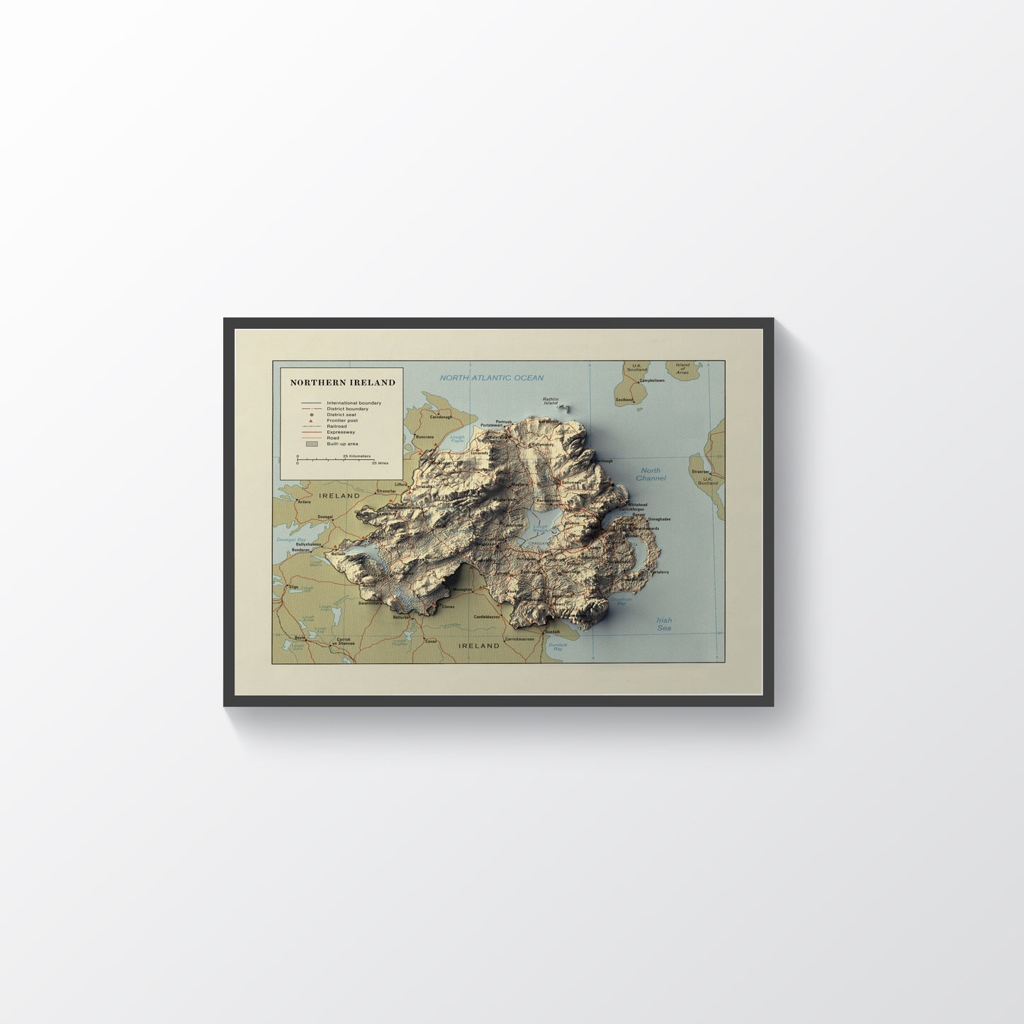 northern ireland vintage framed shaded relief map in black frame. Artistic print highlighting mountains with a realistic terrain effect