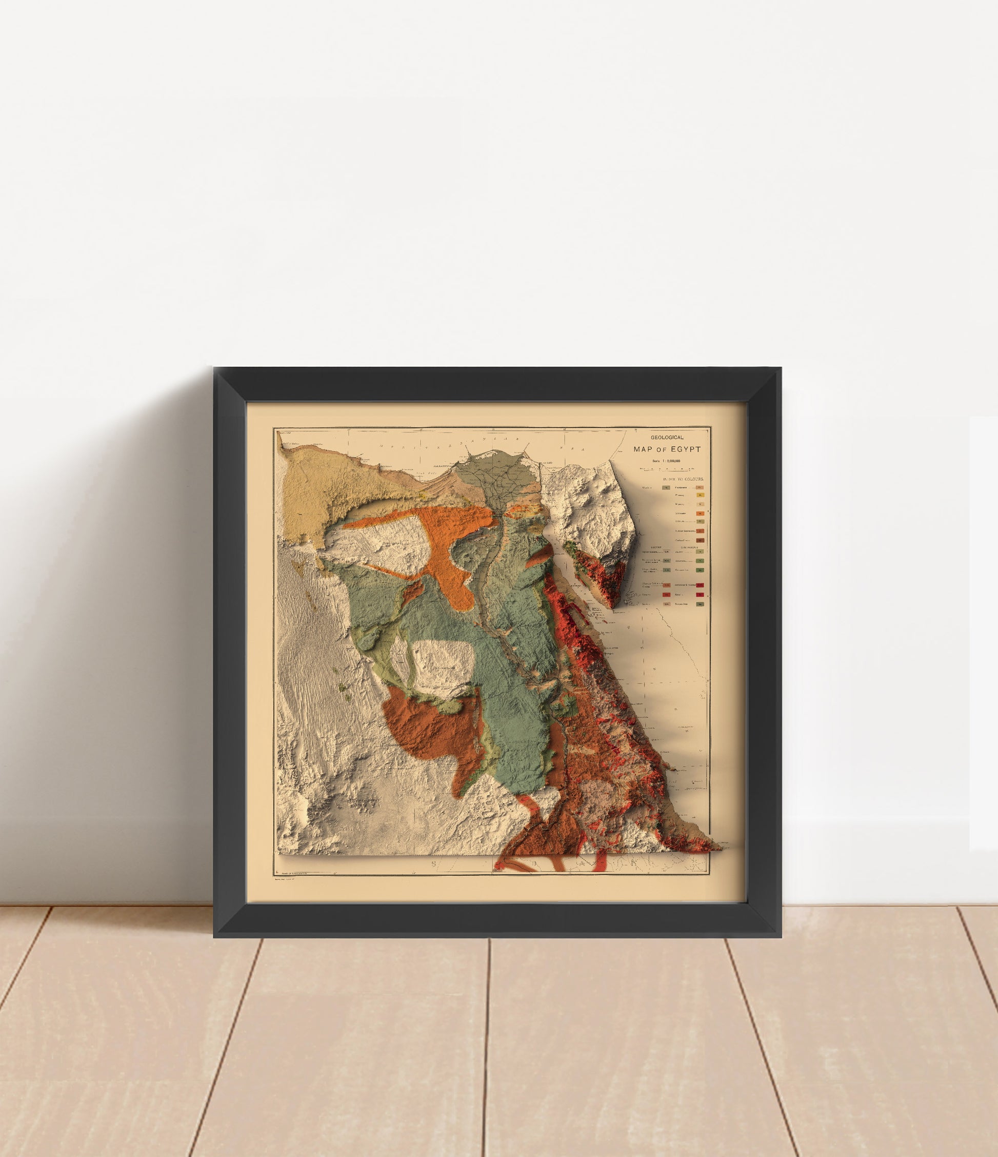 Vintage Egypt shaded relief map in black frame. Artistic print with realistic terrain effect for wall decor